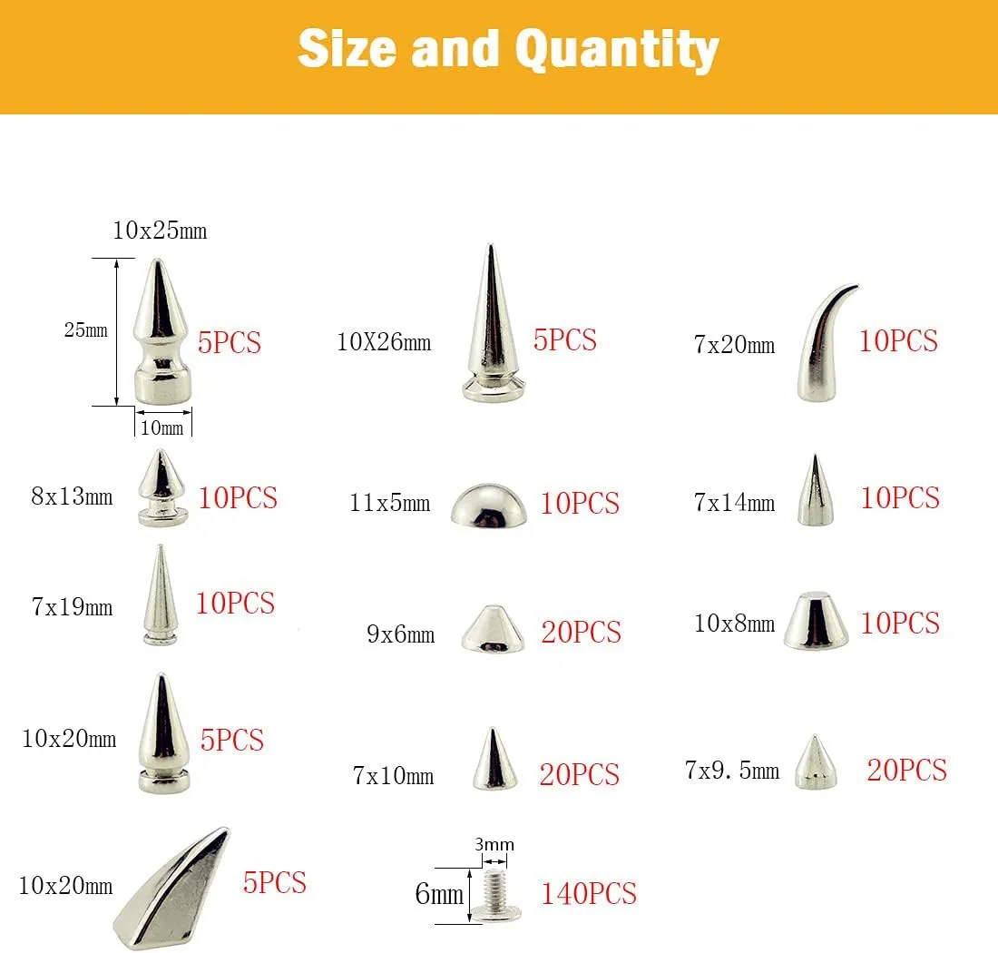 Assorted Styles 140 Sets Screw Back Studs and Spikes Kit with Tools Silver Leather Craft Rivets Bullet Cone DIY Accessories
