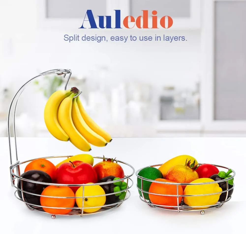 Auledio 2-Tier Countertop Fruit Vegetables Basket Bowl Storage With Banana Hanger,Chrome
