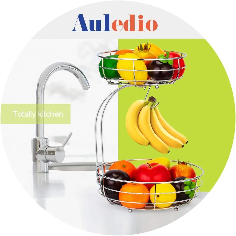 Auledio 2-Tier Countertop Fruit Vegetables Basket Bowl Storage With Banana Hanger,Chrome