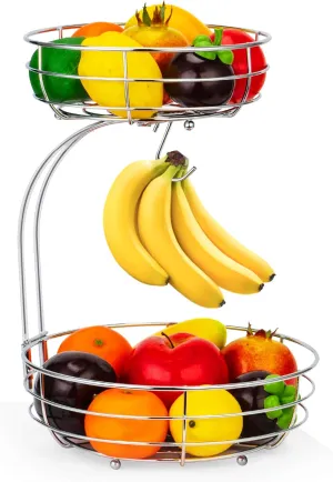 Auledio 2-Tier Countertop Fruit Vegetables Basket Bowl Storage With Banana Hanger,Chrome
