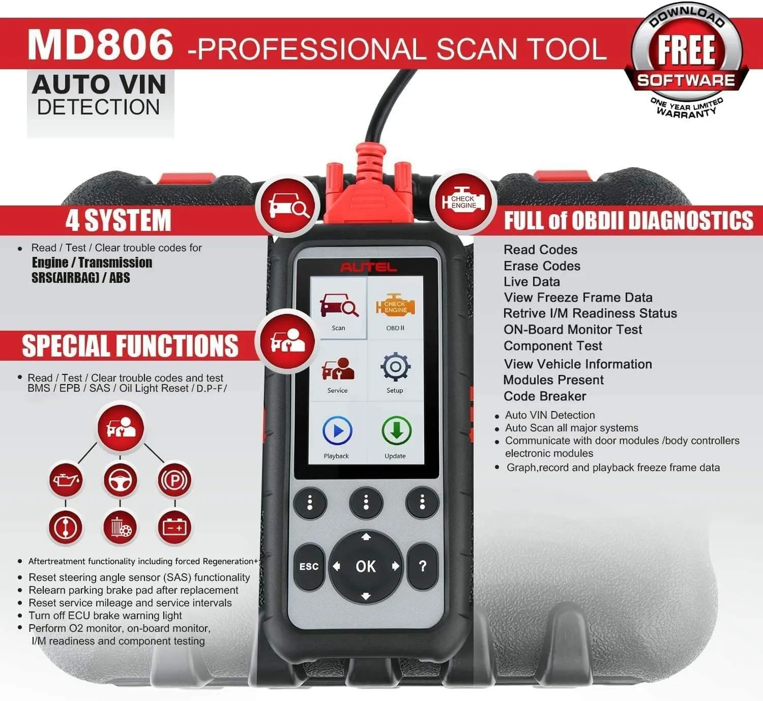 Autel MaxiDiag MD806 OBD2 Scanner, ABS SRS Engine Transmission Four Systems Diagnostic Scan Tool with Oil Reset D-P.F, EPB SAS BMS for Specific Vehicles Up to 2015, Up of MD805 MD802, Free Update