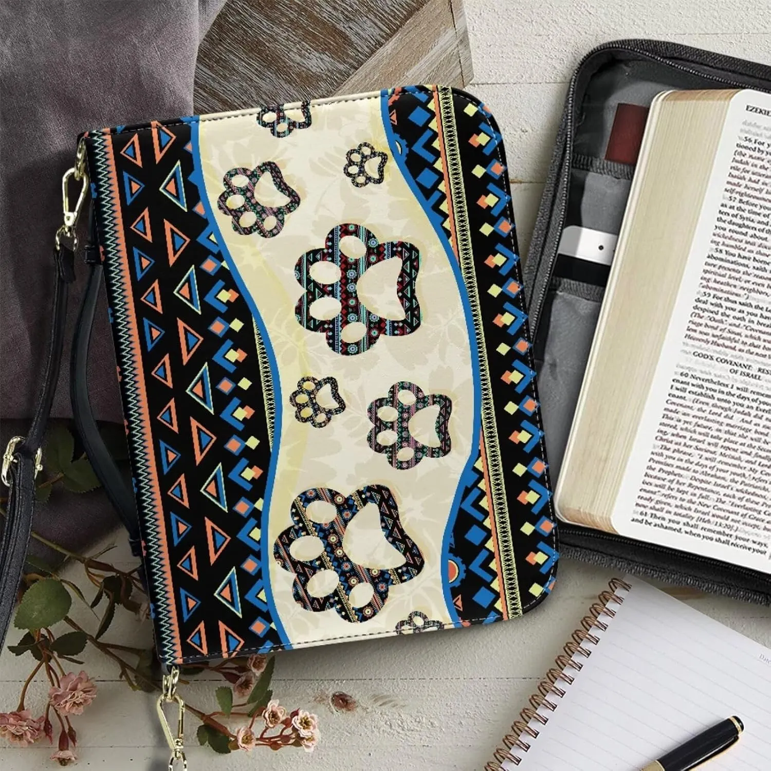 Aztec Dog Paw Print Bible Case for Women Hope and Love Leather Bible Cover with Shoulder Strap and Handle Sturdy Bible Protector Zippered Bible Bag with Pen Slots, M