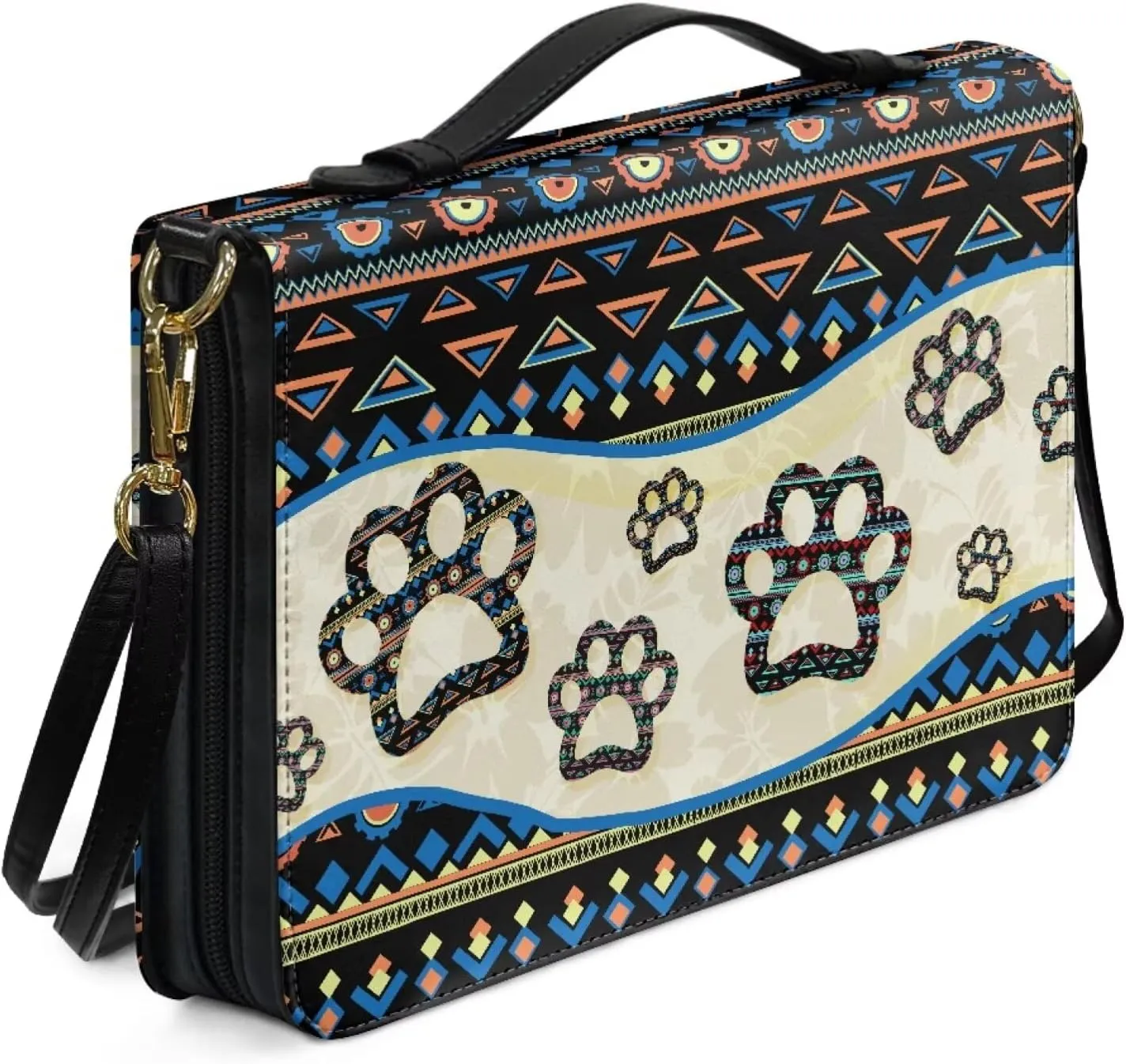 Aztec Dog Paw Print Bible Case for Women Hope and Love Leather Bible Cover with Shoulder Strap and Handle Sturdy Bible Protector Zippered Bible Bag with Pen Slots, M