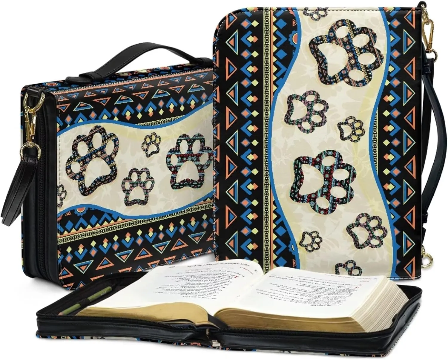 Aztec Dog Paw Print Bible Case for Women Hope and Love Leather Bible Cover with Shoulder Strap and Handle Sturdy Bible Protector Zippered Bible Bag with Pen Slots, M