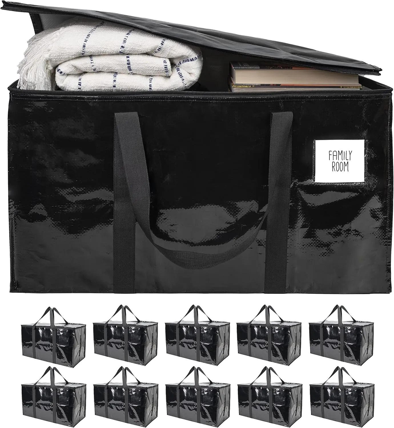 BAG-THAT! 10 - Pack Heavy Duty Large Moving Bags, with Strong Zipper and Comfortable Handles Durable & Sturdy Clothes packing Storage Bags Totes Bins Packing Moving Boxes College Supplies for moving.