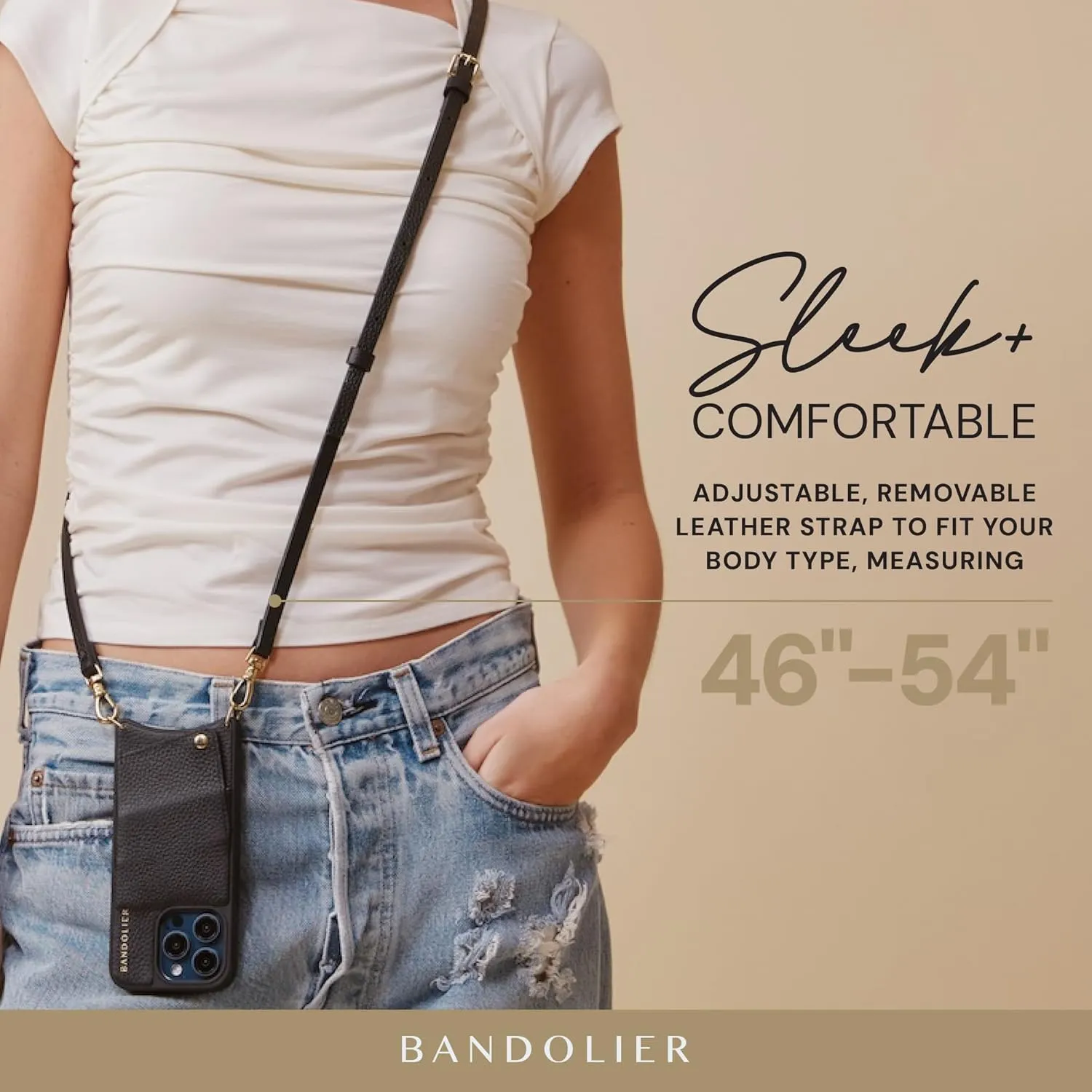Bandolier Emma Crossbody Wallet Phone Case for iPhone 14 Pro Max. 100% Genuine Pebble Leather. Adjustable & Removable Crossbody Strap. Card Holder with Snap Closure. Black with Gold Hardware