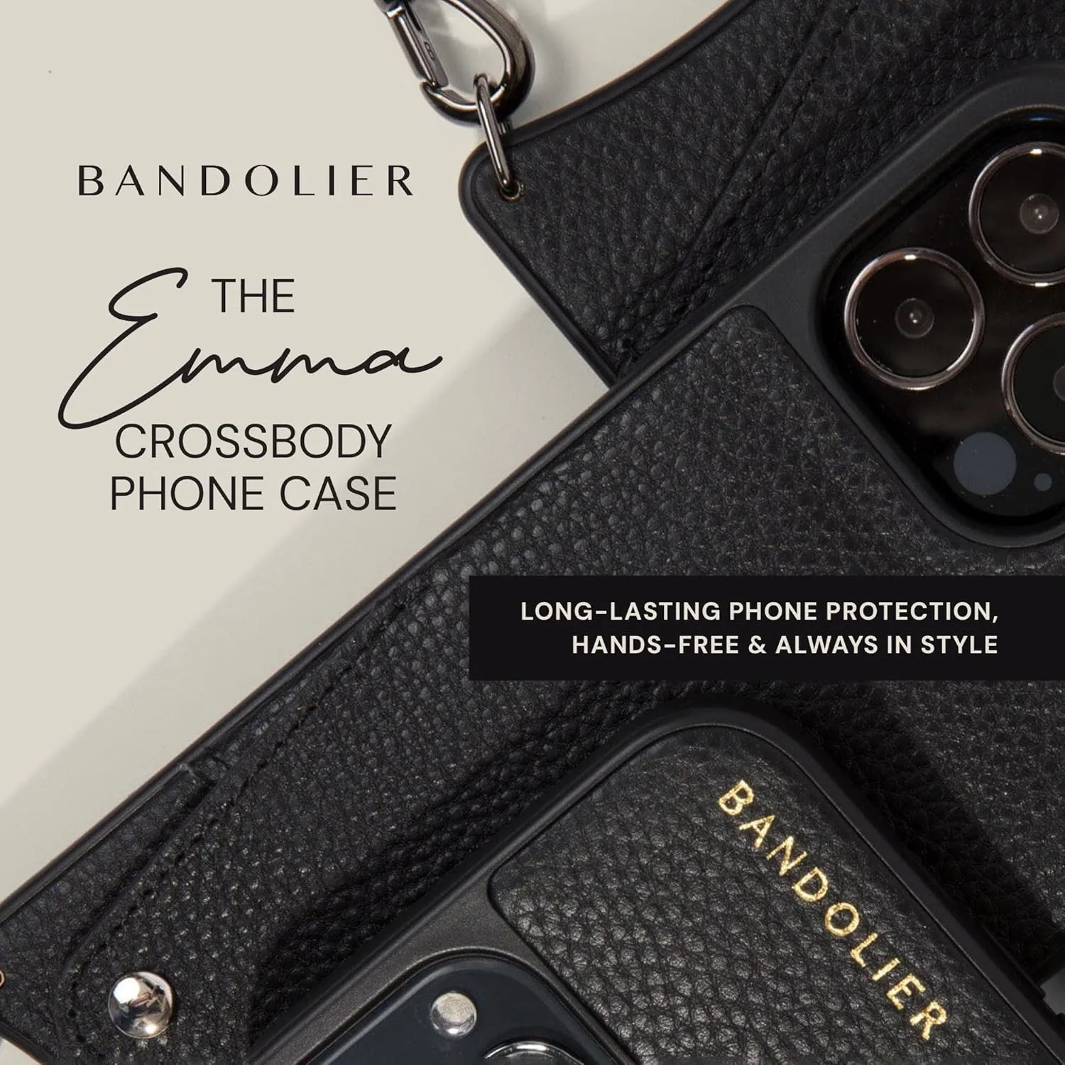 Bandolier Emma Crossbody Wallet Phone Case for iPhone 14 Pro Max. 100% Genuine Pebble Leather. Adjustable & Removable Crossbody Strap. Card Holder with Snap Closure. Black with Gold Hardware