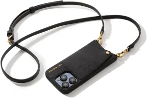 Bandolier Emma Crossbody Wallet Phone Case for iPhone 14 Pro Max. 100% Genuine Pebble Leather. Adjustable & Removable Crossbody Strap. Card Holder with Snap Closure. Black with Gold Hardware