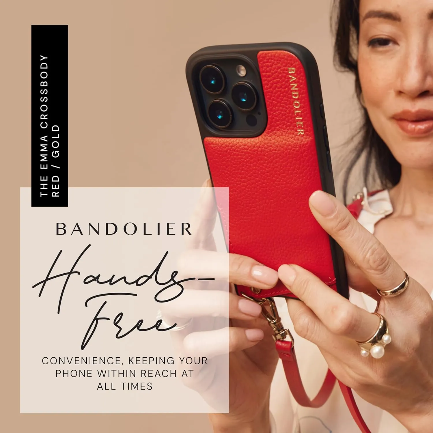 Bandolier Emma Crossbody Wallet Phone Case for iPhone 15 Pro Max. 100% Genuine Pebble Leather. Adjustable & Removable Crossbody Strap. Card Holder with Snap Closure. Red with Gold Hardware