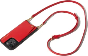 Bandolier Emma Crossbody Wallet Phone Case for iPhone 15 Pro Max. 100% Genuine Pebble Leather. Adjustable & Removable Crossbody Strap. Card Holder with Snap Closure. Red with Gold Hardware