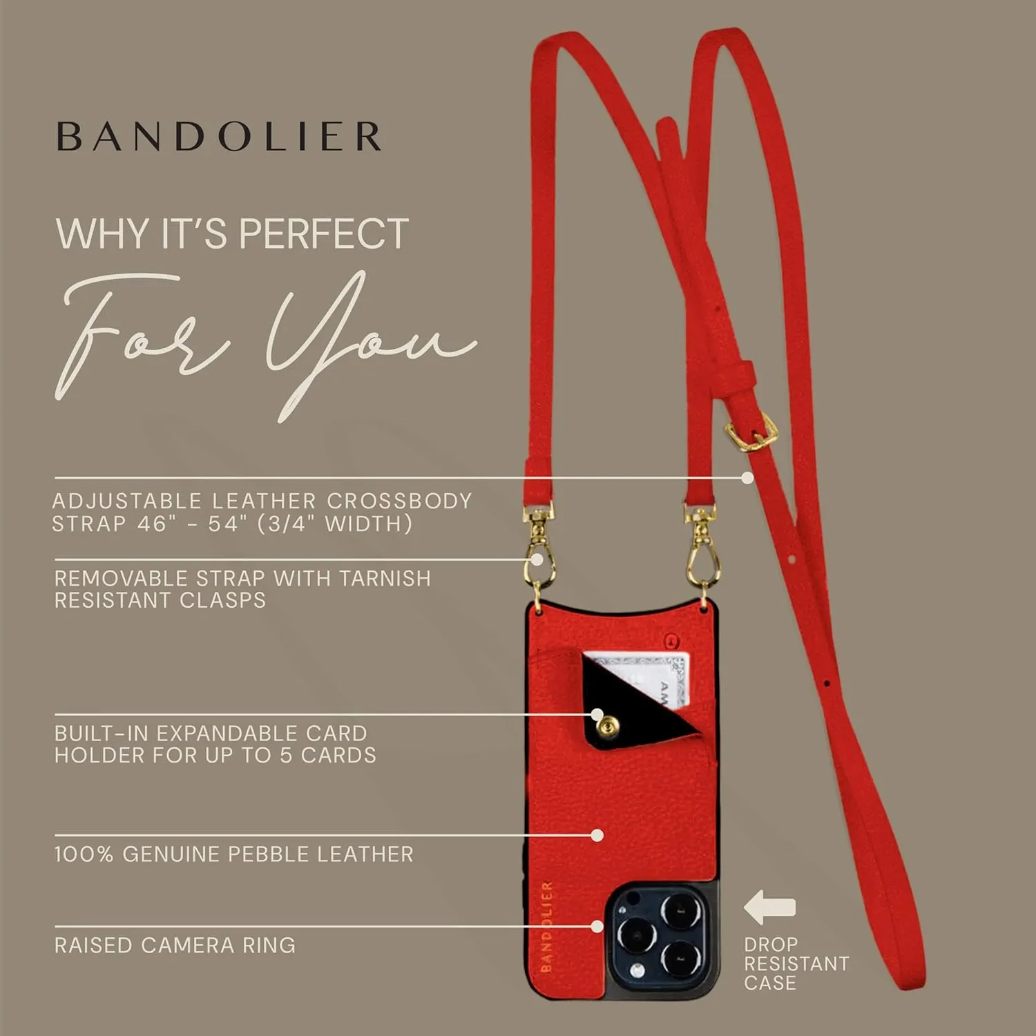 Bandolier Emma Crossbody Wallet Phone Case for iPhone 16 Pro. 100% Genuine Pebble Leather. Adjustable & Removable Crossbody Strap. Card Holder with Snap Closure. Red with Gold Hardware