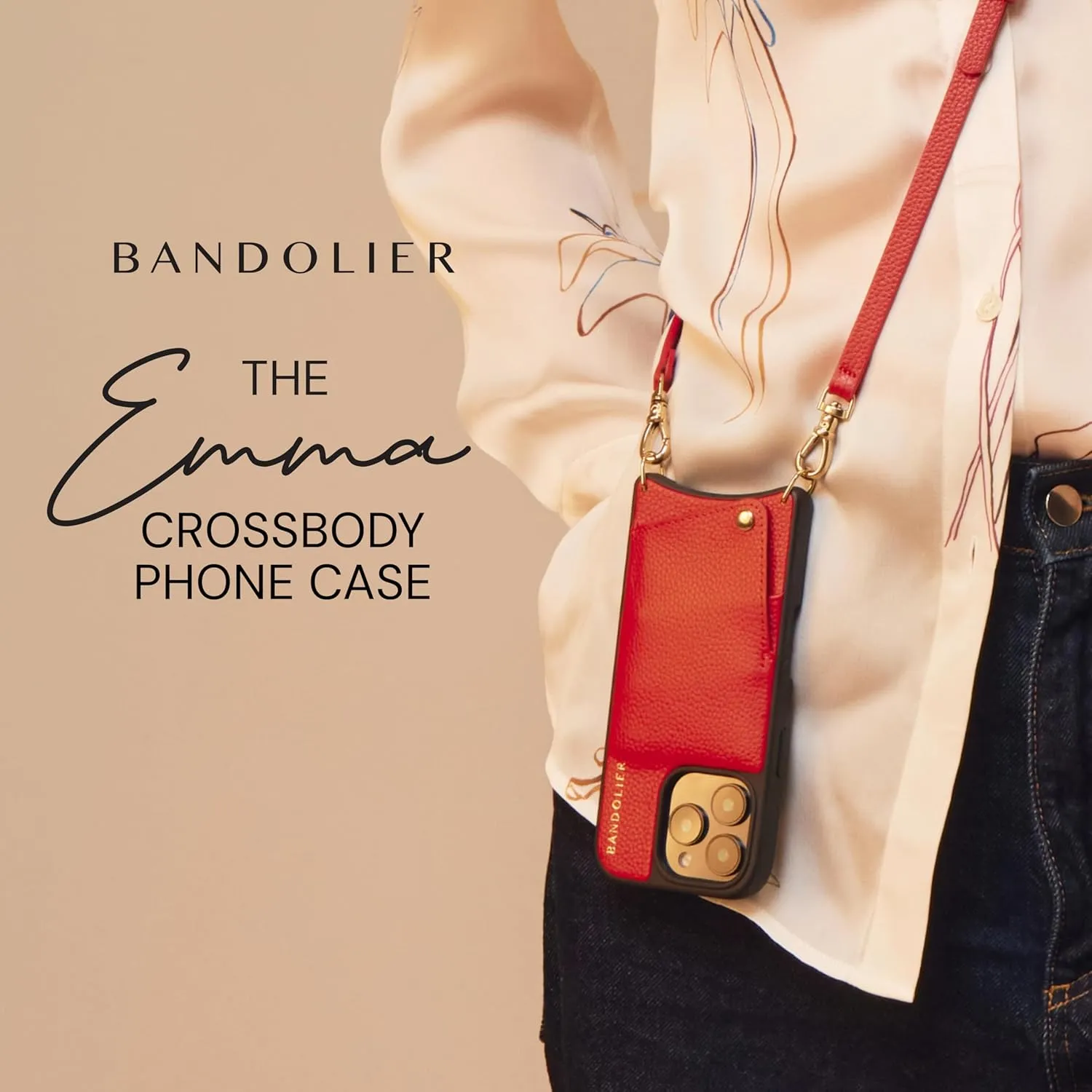 Bandolier Emma Crossbody Wallet Phone Case for iPhone 16 Pro. 100% Genuine Pebble Leather. Adjustable & Removable Crossbody Strap. Card Holder with Snap Closure. Red with Gold Hardware