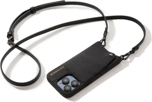 Bandolier Emma Crossbody Wallet Phone Case for iPhone 16 Pro Max. 100% Genuine Pebble Leather. Adjustable & Removable Crossbody Strap. Card Holder with Snap Closure. Black with Pewter Hardware