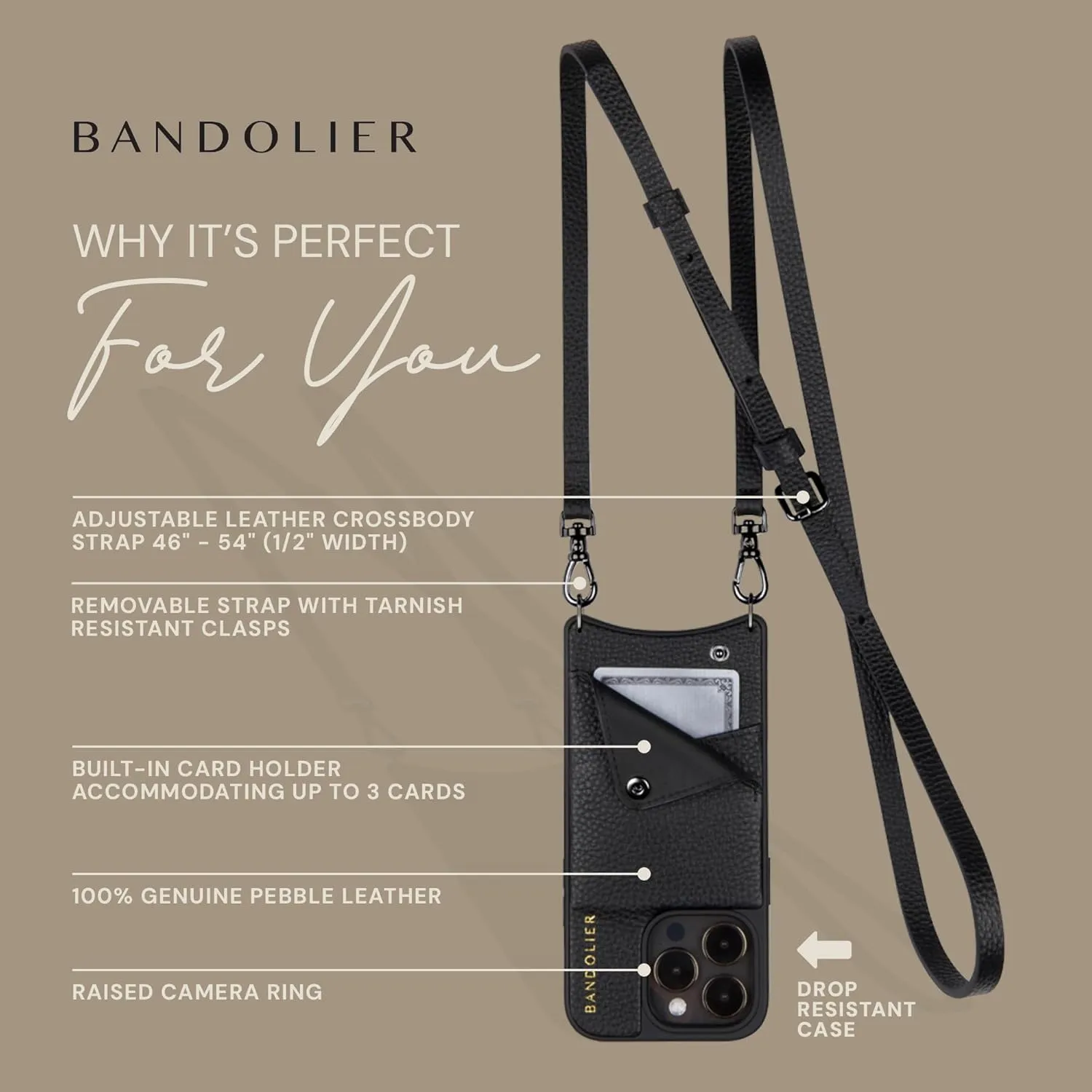 Bandolier Emma Crossbody Wallet Phone Case for iPhone 16 Pro Max. 100% Genuine Pebble Leather. Adjustable & Removable Crossbody Strap. Card Holder with Snap Closure. Black with Pewter Hardware