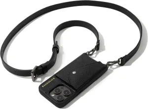 Bandolier Hailey Crossbody Wallet Phone Case for iPhone 15 Pro Max. 100% Genuine Pebble Leather with Pewter Hardware. Adjustable & Removable Strap. Expandable Flip Card Holder. Black with Pewter