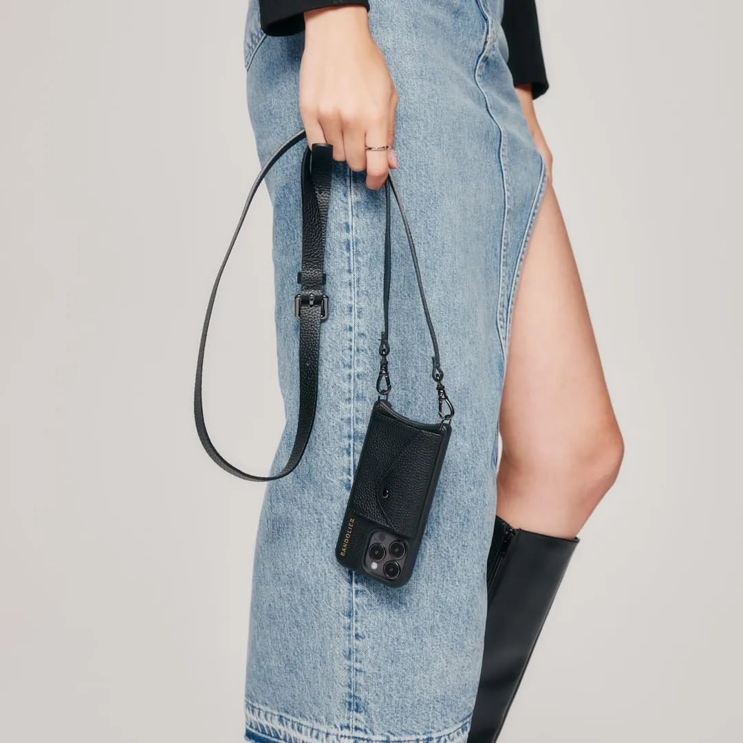 Bandolier Hailey Crossbody Wallet Phone Case for iPhone 15 Pro Max. 100% Genuine Pebble Leather with Pewter Hardware. Adjustable & Removable Strap. Expandable Flip Card Holder. Black with Pewter