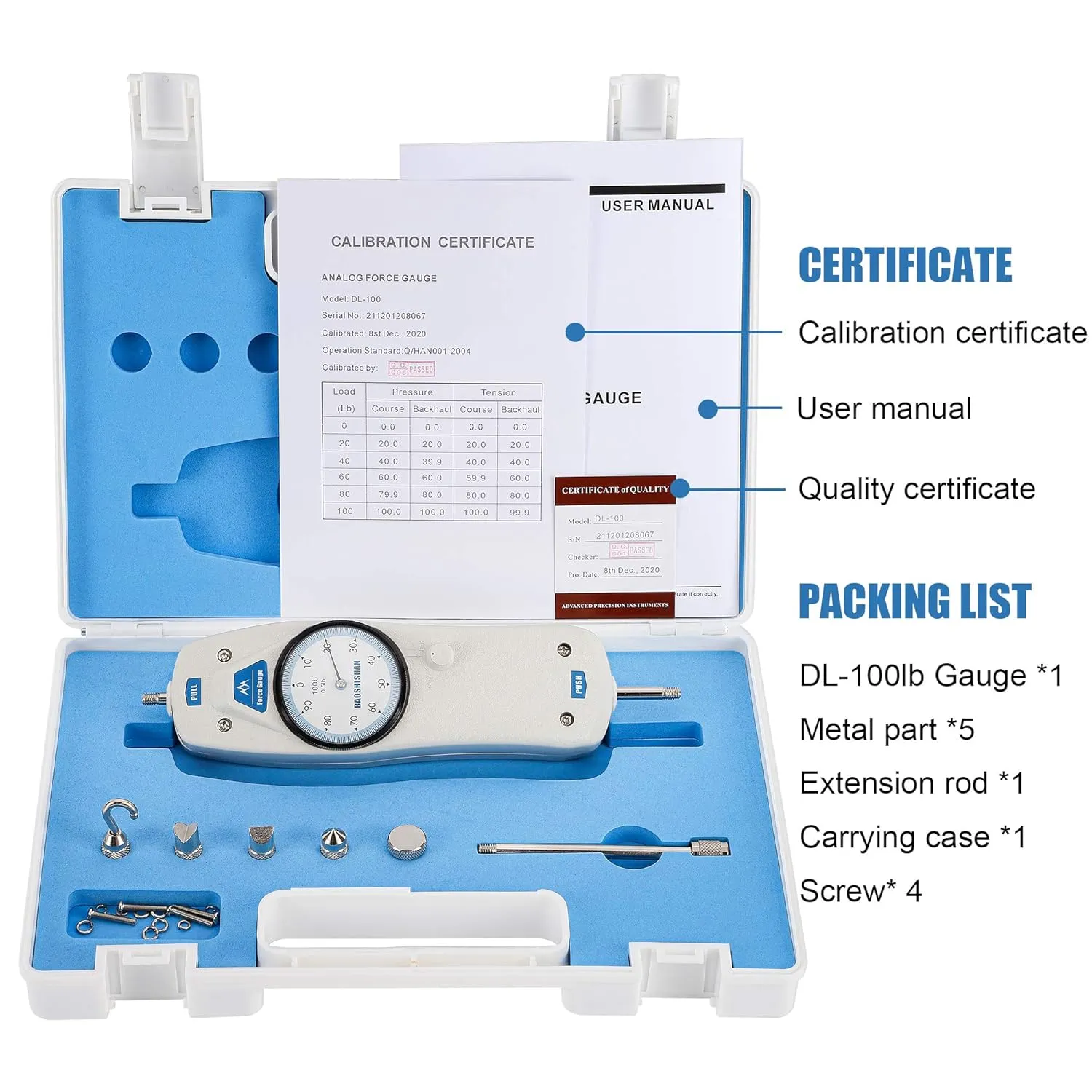 BAOSHISHAN 100lb Push Pull Force Gauge Force Tester Meter with Calibration Certificate and Carrying Case, for Tension and Compression Load Plug Force Destructive Tests School Teaching DL-100LB