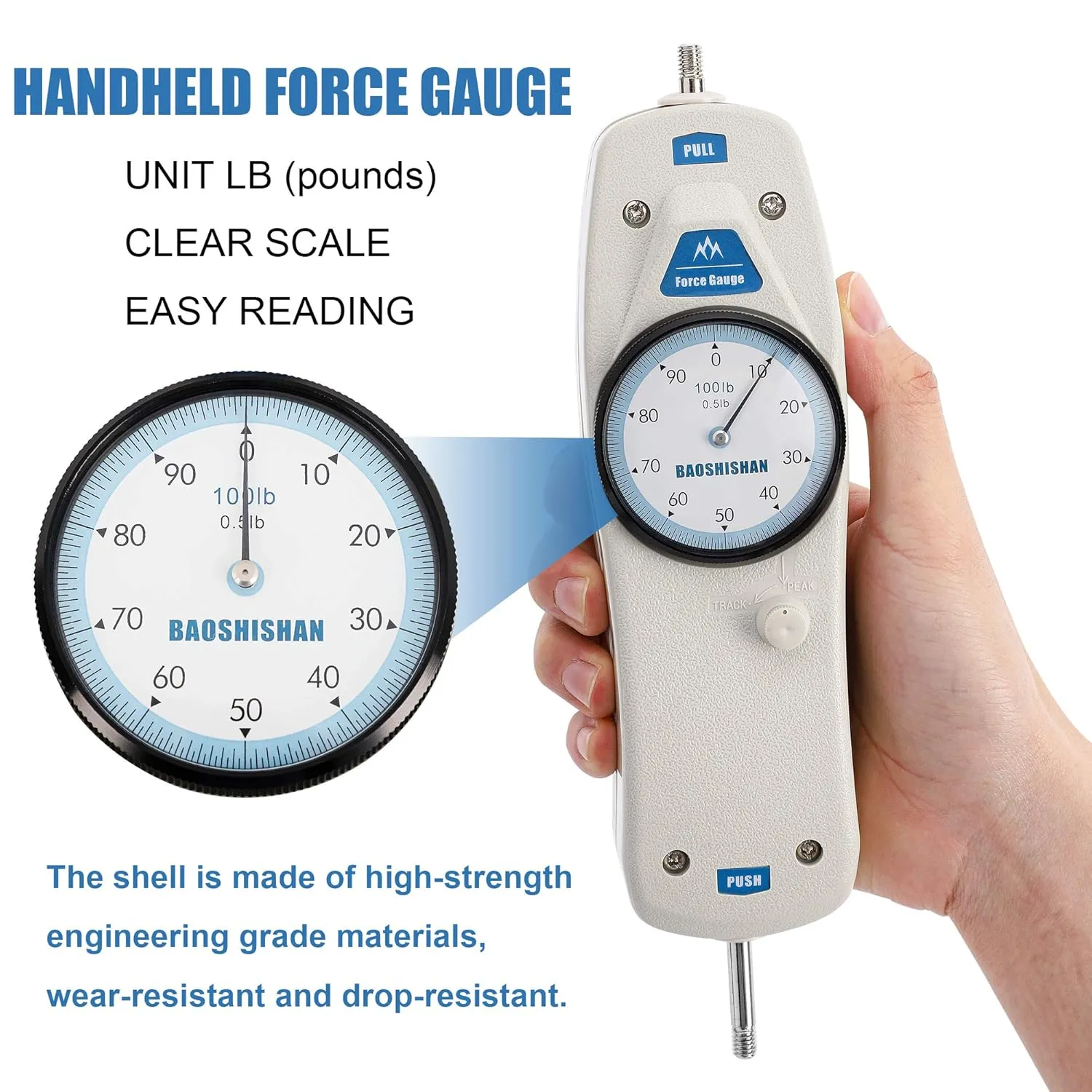 BAOSHISHAN 100lb Push Pull Force Gauge Force Tester Meter with Calibration Certificate and Carrying Case, for Tension and Compression Load Plug Force Destructive Tests School Teaching DL-100LB