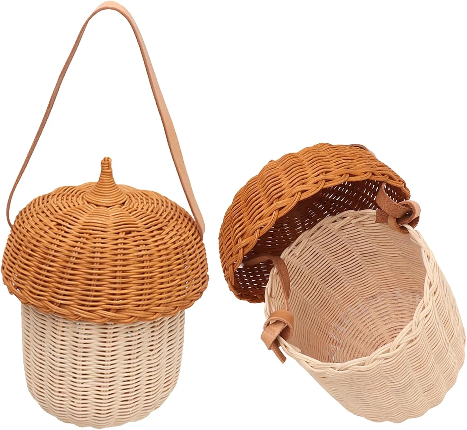 Basket with Lid, Handmade Woven Basket Bags Decorative Acorn Shaped Bag Rattan Storage Shoulder Bag for Outdoor Picnic (Large Handbag)