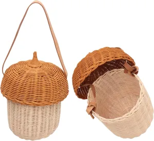 Basket with Lid, Handmade Woven Basket Bags Decorative Acorn Shaped Bag Rattan Storage Shoulder Bag for Outdoor Picnic (Large Handbag)