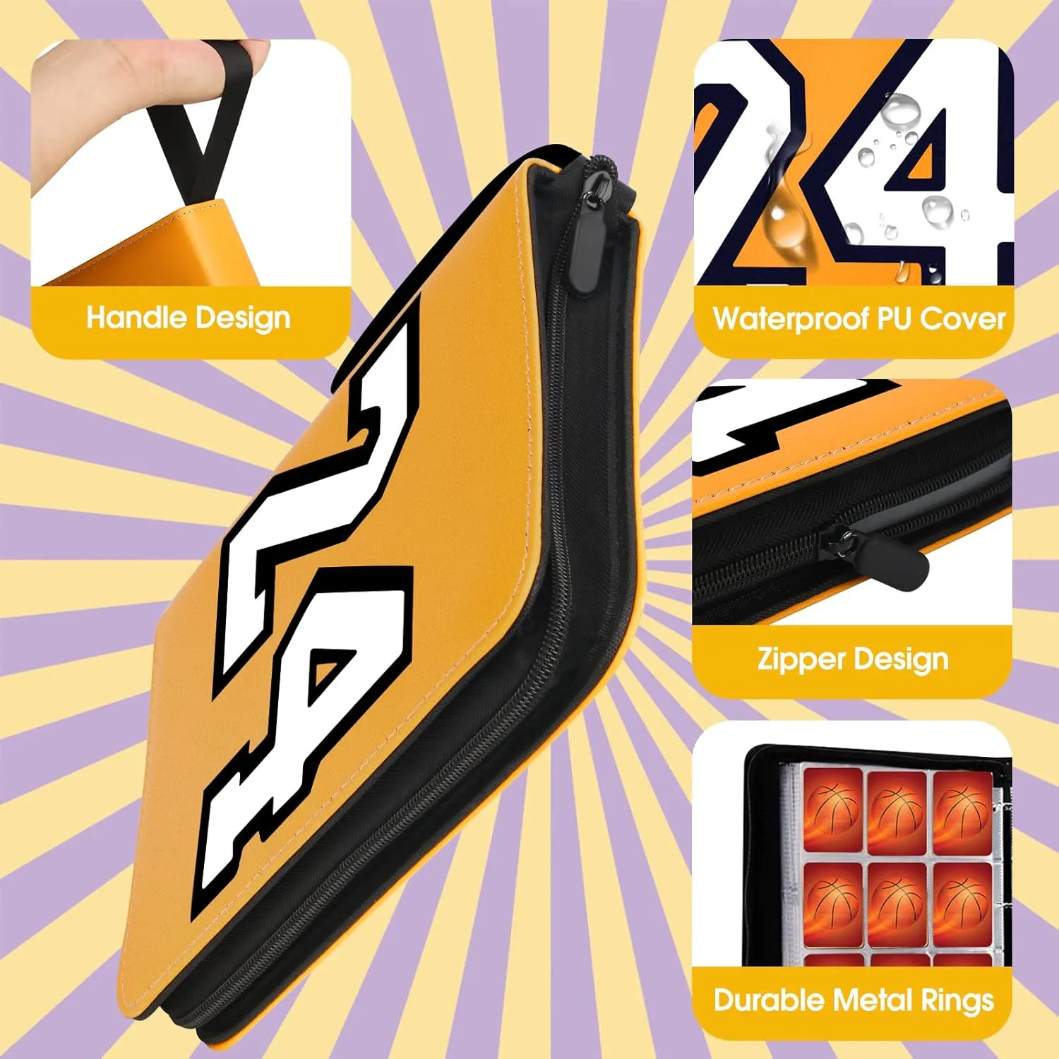 Basketball Card Binder 9 Pocket, #8#24 Sports Trading Card Holder with 50 Removable Sleeves Fits 900 Cards, Basketball Card Collection Album Storage Case Book Protectors for Kids Gift (Golden)