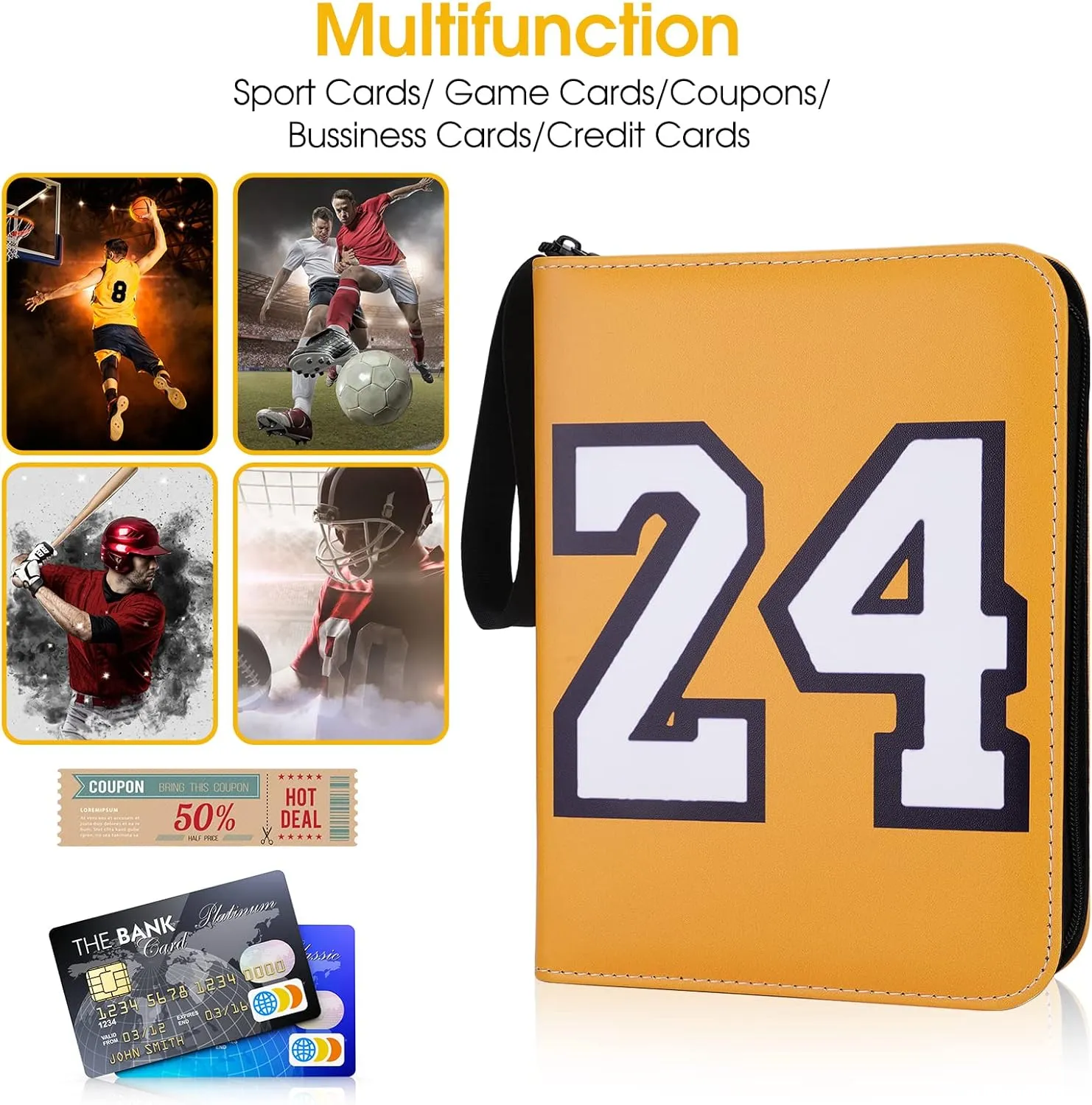 Basketball Card Binder 9 Pocket, #8#24 Sports Trading Card Holder with 50 Removable Sleeves Fits 900 Cards, Basketball Card Collection Album Storage Case Book Protectors for Kids Gift (Golden)