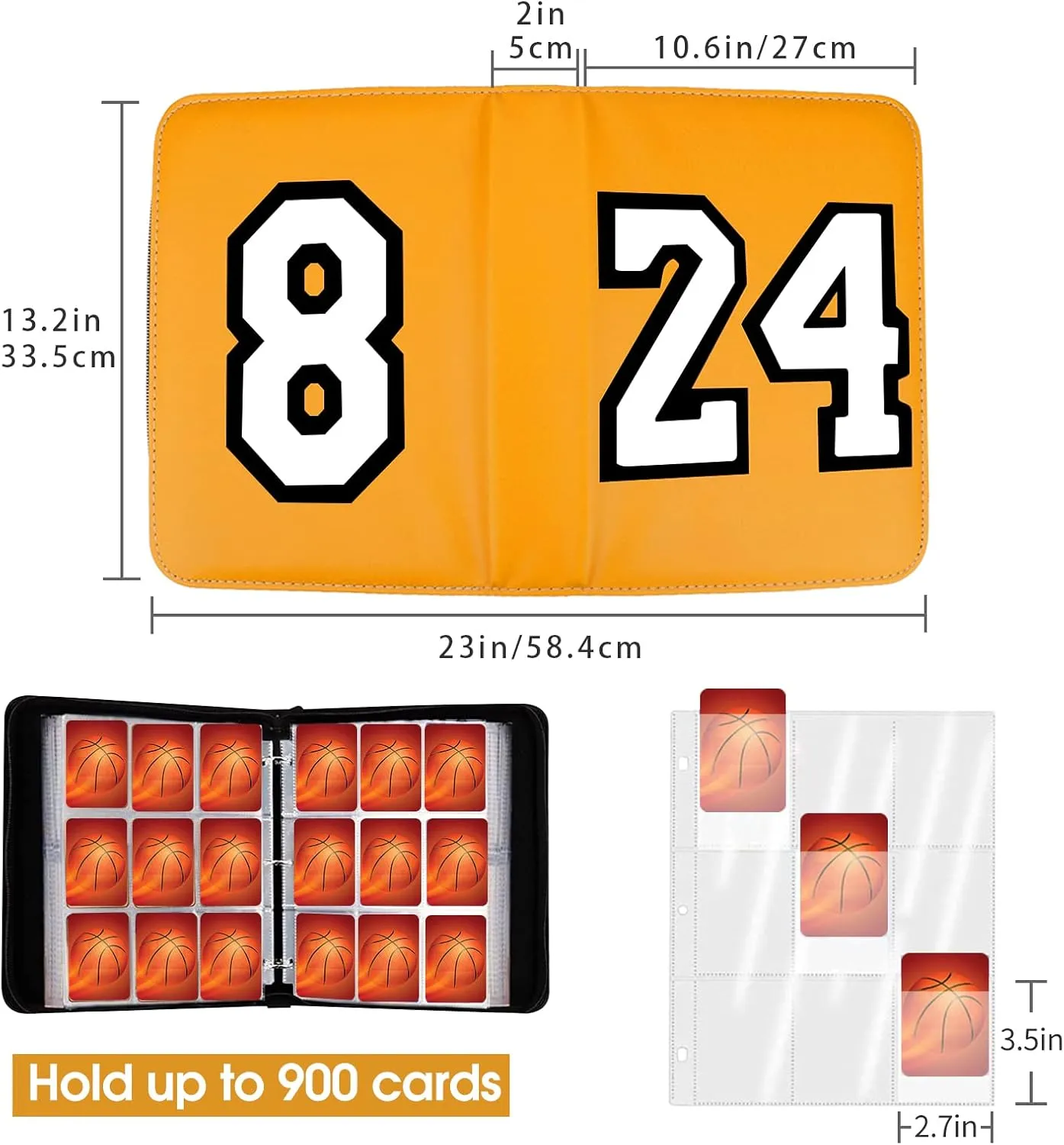 Basketball Card Binder 9 Pocket, #8#24 Sports Trading Card Holder with 50 Removable Sleeves Fits 900 Cards, Basketball Card Collection Album Storage Case Book Protectors for Kids Gift (Golden)