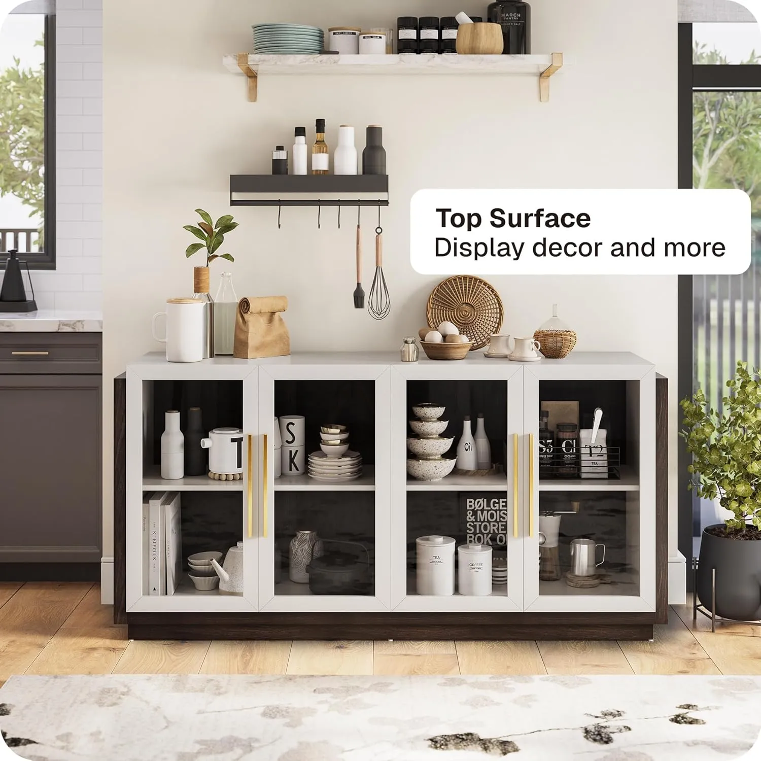 BELLEZE Sideboard Buffet Cabinet, Modern Wood Glass-Buffet-Sideboard with Storage, Console Table for Kitchen, Dining Room, Living Room, Hallway, or Entrance - Brixston (White)