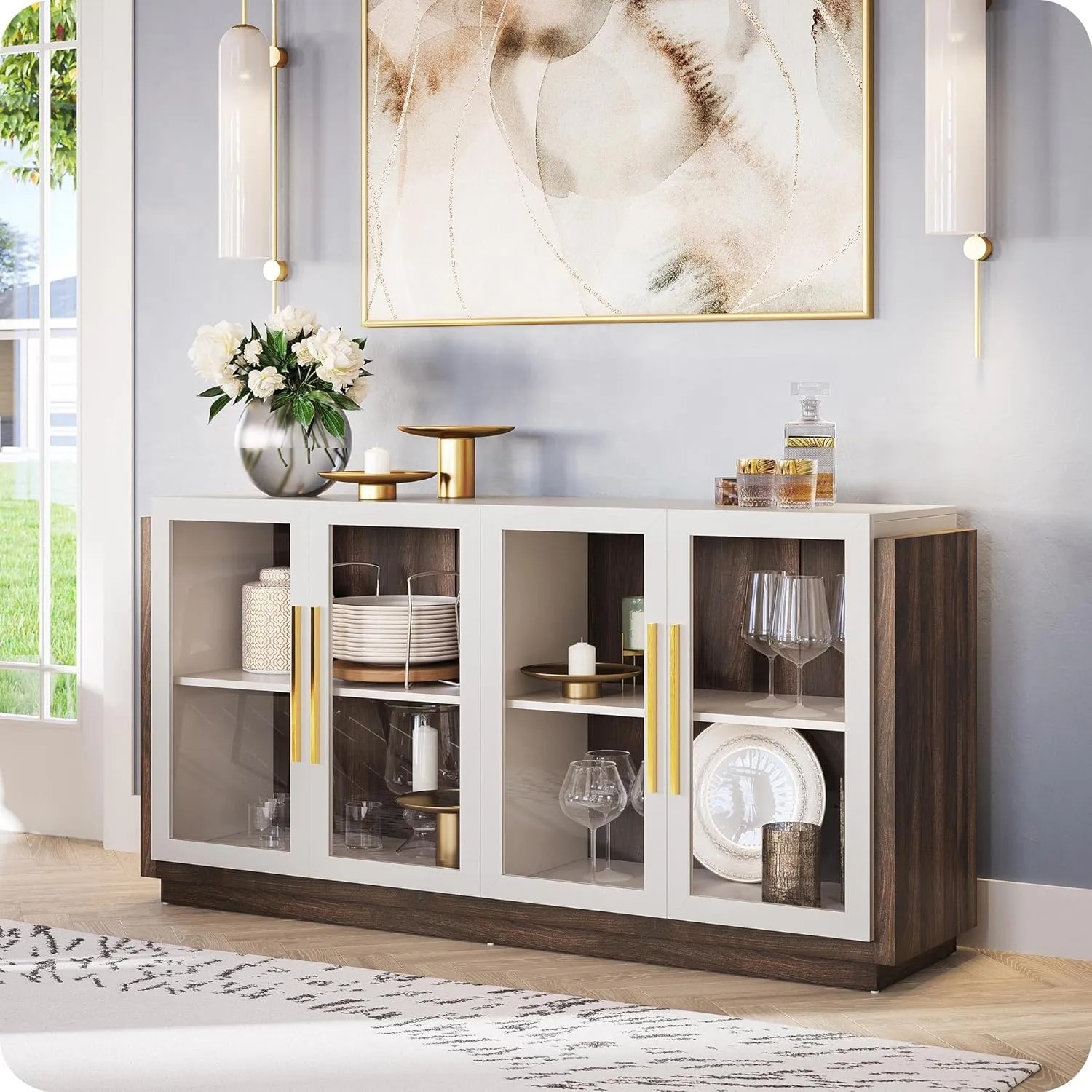 BELLEZE Sideboard Buffet Cabinet, Modern Wood Glass-Buffet-Sideboard with Storage, Console Table for Kitchen, Dining Room, Living Room, Hallway, or Entrance - Brixston (White)