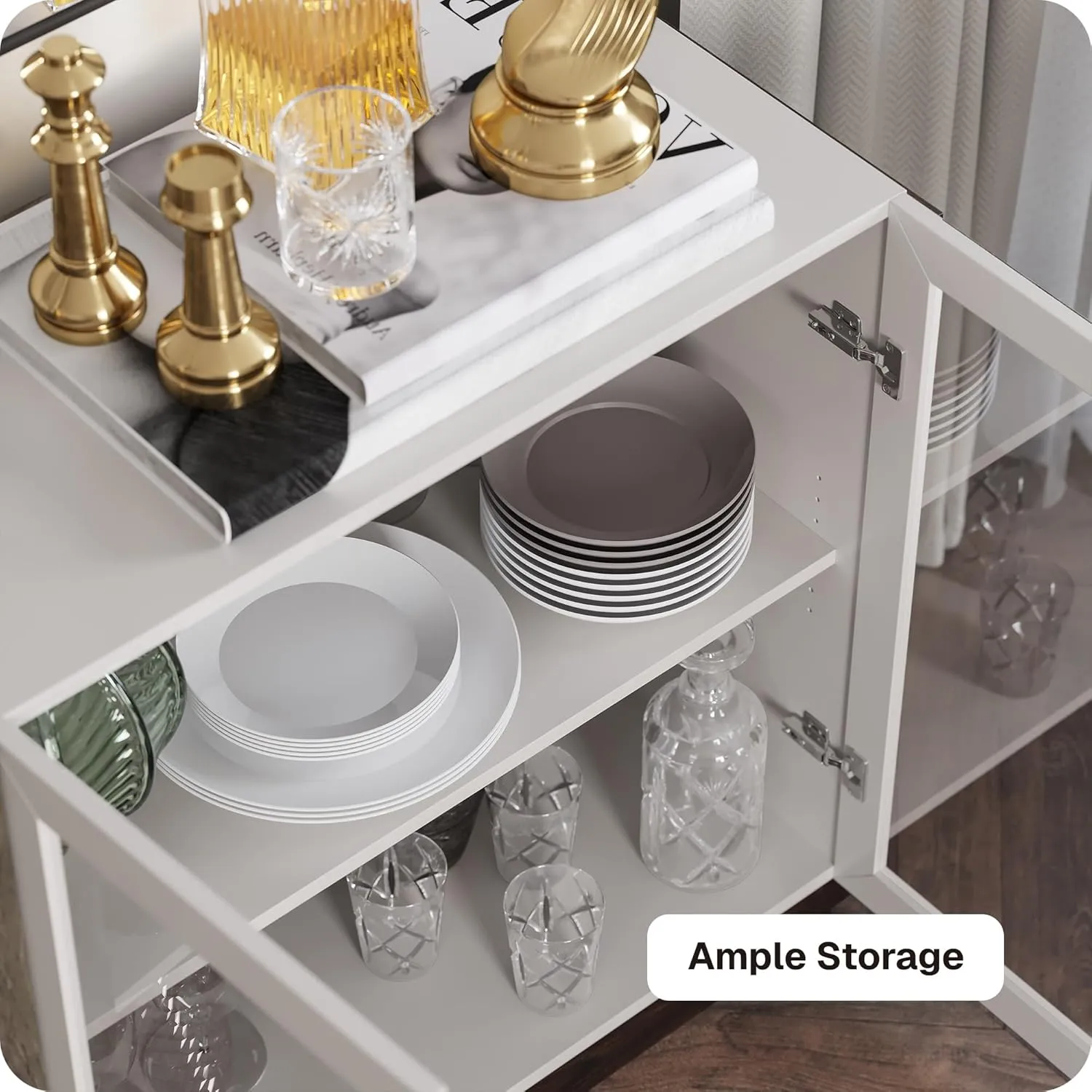BELLEZE Sideboard Buffet Cabinet, Modern Wood Glass-Buffet-Sideboard with Storage, Console Table for Kitchen, Dining Room, Living Room, Hallway, or Entrance - Brixston (White)
