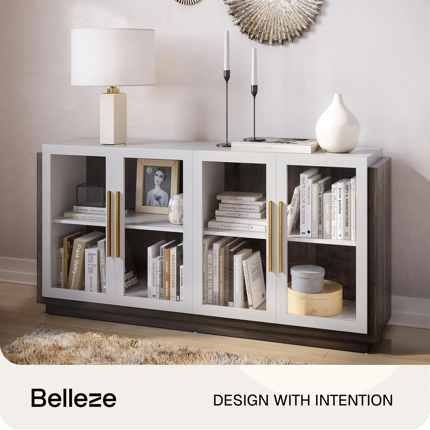 BELLEZE Sideboard Buffet Cabinet, Modern Wood Glass-Buffet-Sideboard with Storage, Console Table for Kitchen, Dining Room, Living Room, Hallway, or Entrance - Brixston (White)