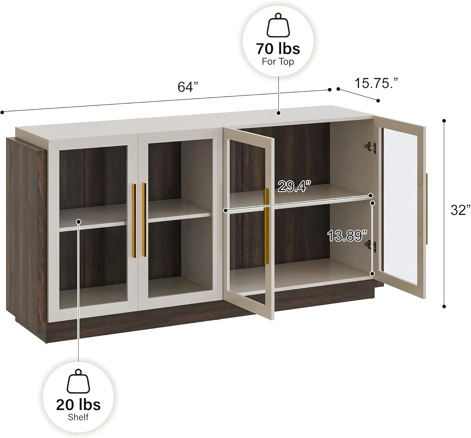 BELLEZE Sideboard Buffet Cabinet, Modern Wood Glass-Buffet-Sideboard with Storage, Console Table for Kitchen, Dining Room, Living Room, Hallway, or Entrance - Brixston (White)