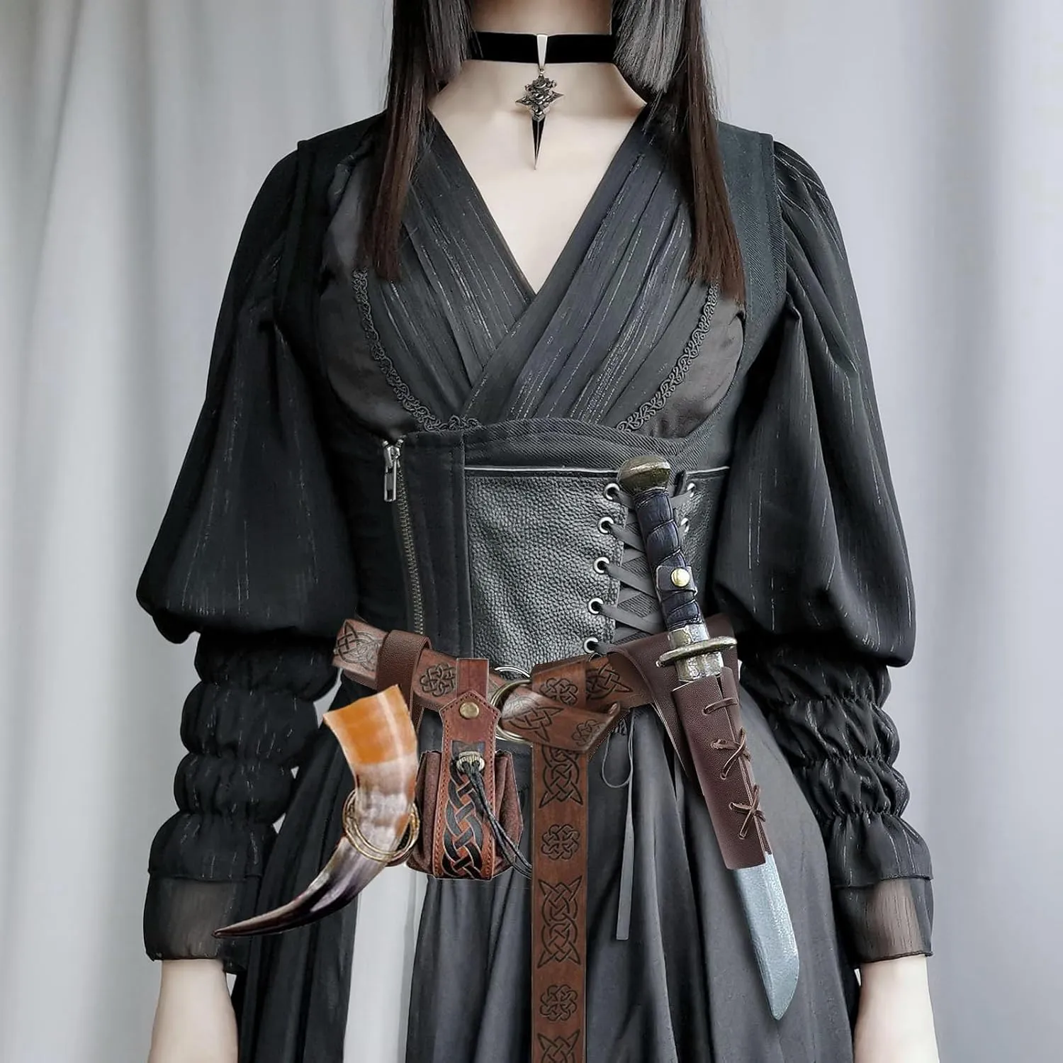 Belt Sword Frog Dagger Holder Holster Leather Coin Purse Waist Bag Medieval Knight Renaissance Pirate Halloween Costume Cosplay Accessory (Brown)