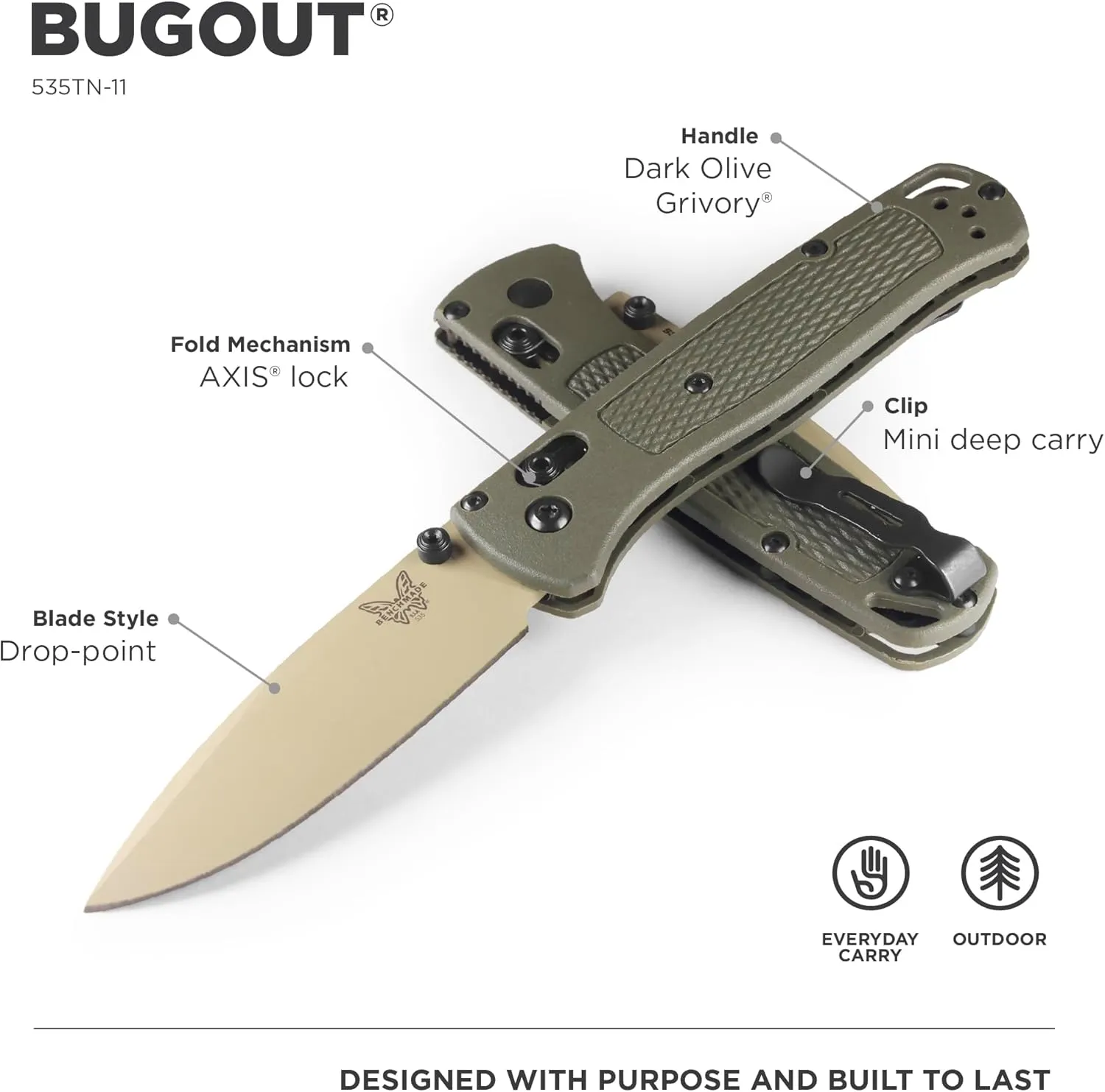 Benchmade - Bugout Folding Knife with Dark Olive Grivory Handle (535TN-11)