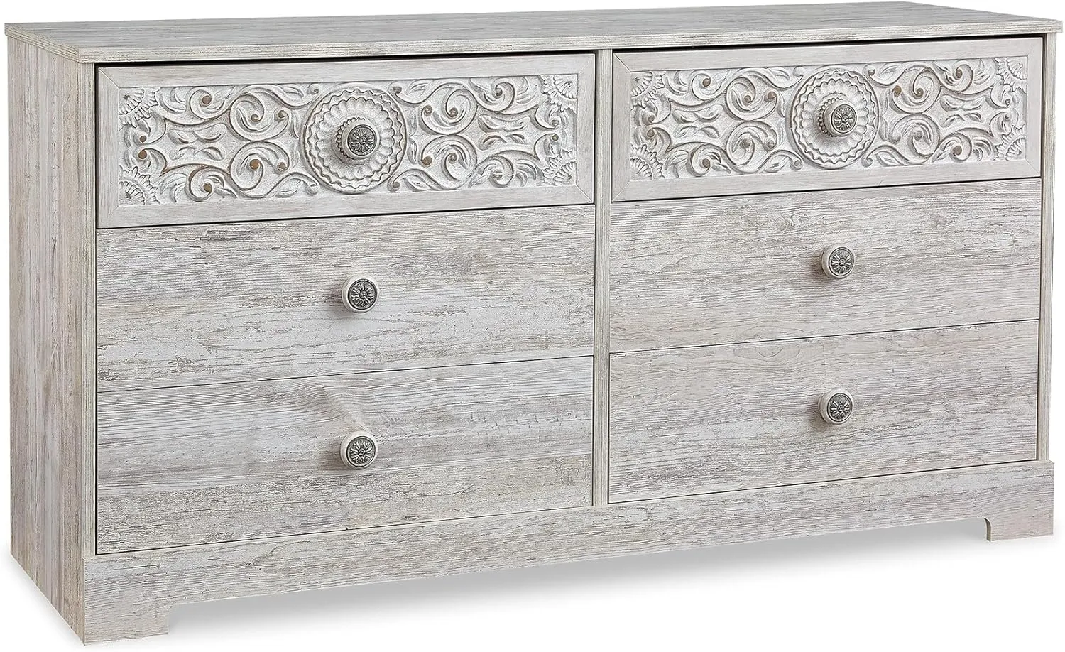 Benjara 59 Inch Dresser, 6 Drawers, Medallion Design Front, Whitewashed MDF Frame, White