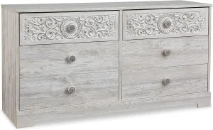 Benjara 59 Inch Dresser, 6 Drawers, Medallion Design Front, Whitewashed MDF Frame, White