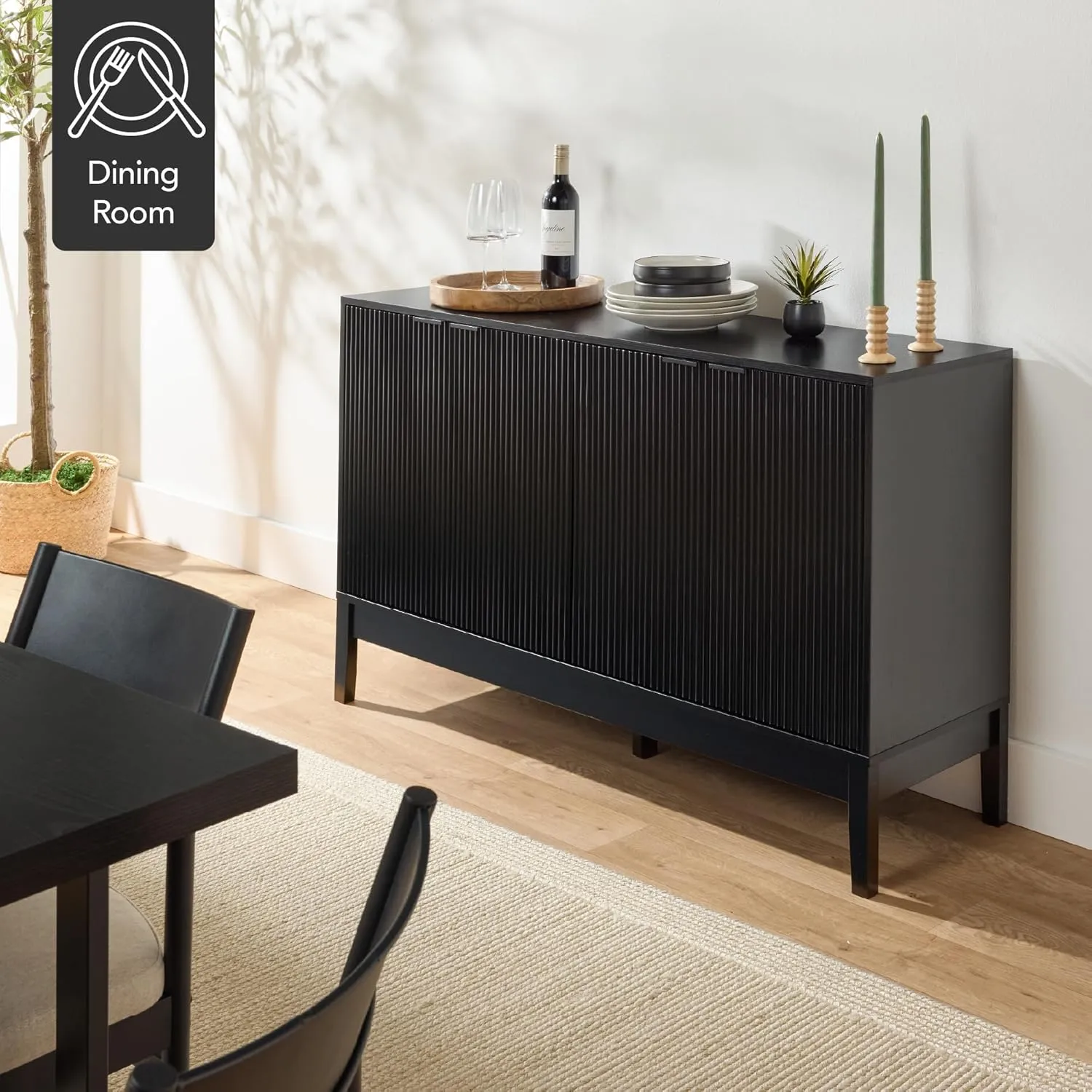 Best Choice Products 4-Door Modern Storage Cabinet, Buffet, Sideboard, Media Cabinet, Cupboard, Entryway Accent Storage Table, Bookcase w/Reed Panels and Adjustable Shelves – Black