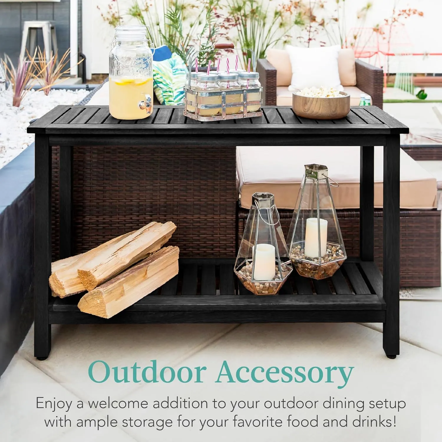 Best Choice Products 48in 2-Shelf Eucalyptus Wooden Console Table Indoor Outdoor Multifunctional Buffet Bar Storage Organizer w/Foot Sliders - Black