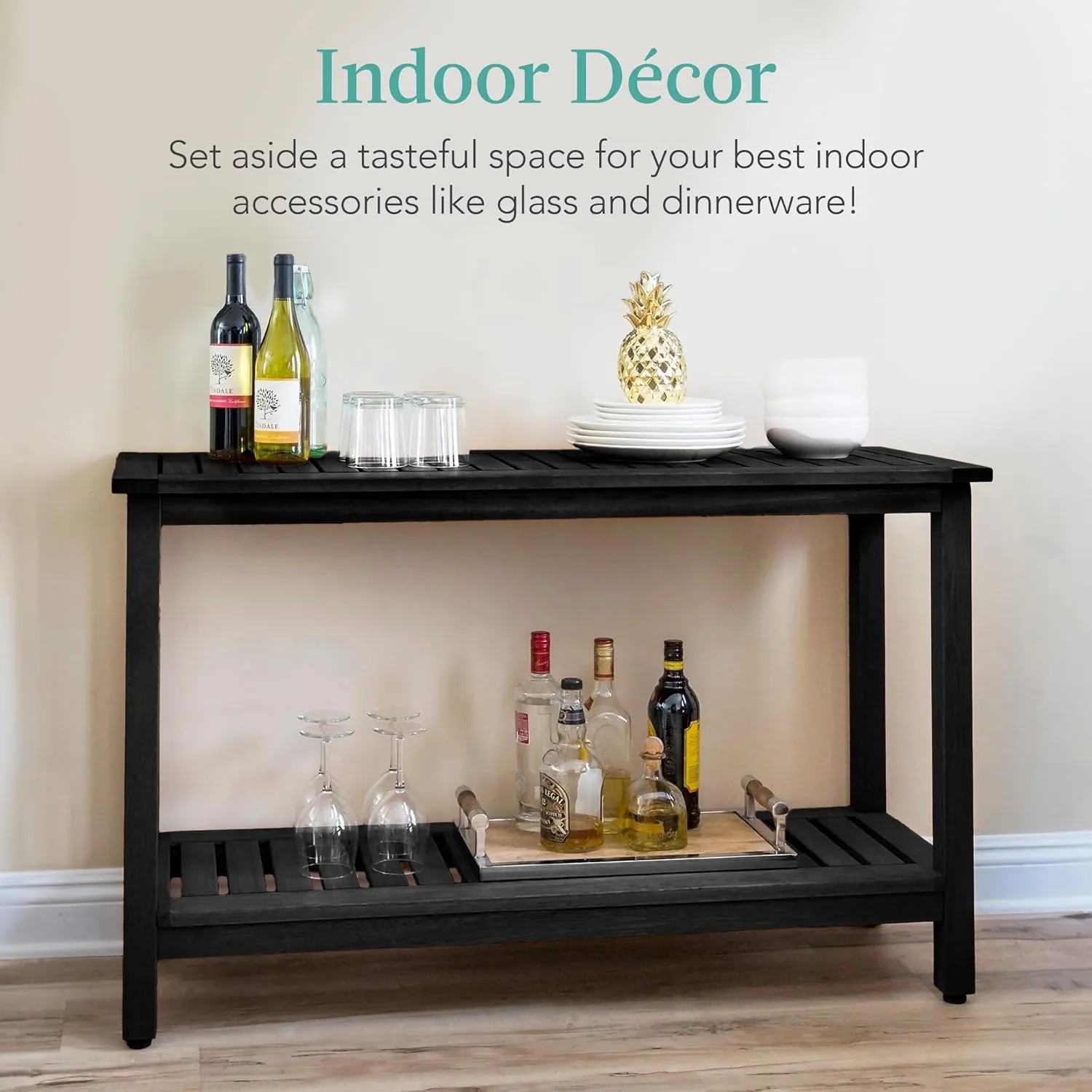 Best Choice Products 48in 2-Shelf Eucalyptus Wooden Console Table Indoor Outdoor Multifunctional Buffet Bar Storage Organizer w/Foot Sliders - Black
