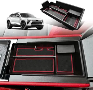 BestEvMod Center Console Organizer Tray Compatible with Chevy Blazer EV 2025 2024 2023 Interior Accessories Armrest Storage Box ABS Material with PVC Trim & Removable Coin Holder (Red)