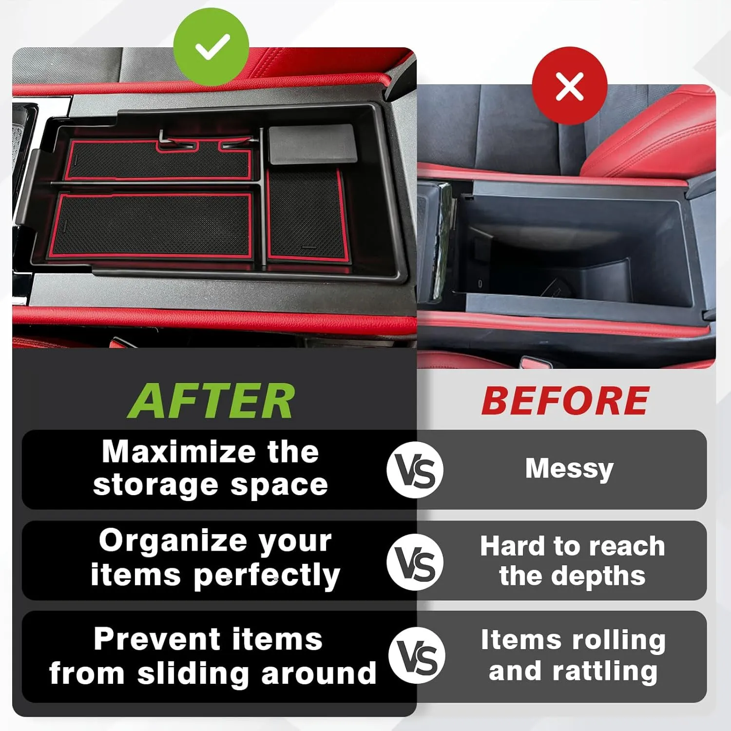 BestEvMod Center Console Organizer Tray Compatible with Chevy Blazer EV 2025 2024 2023 Interior Accessories Armrest Storage Box ABS Material with PVC Trim & Removable Coin Holder (Red)