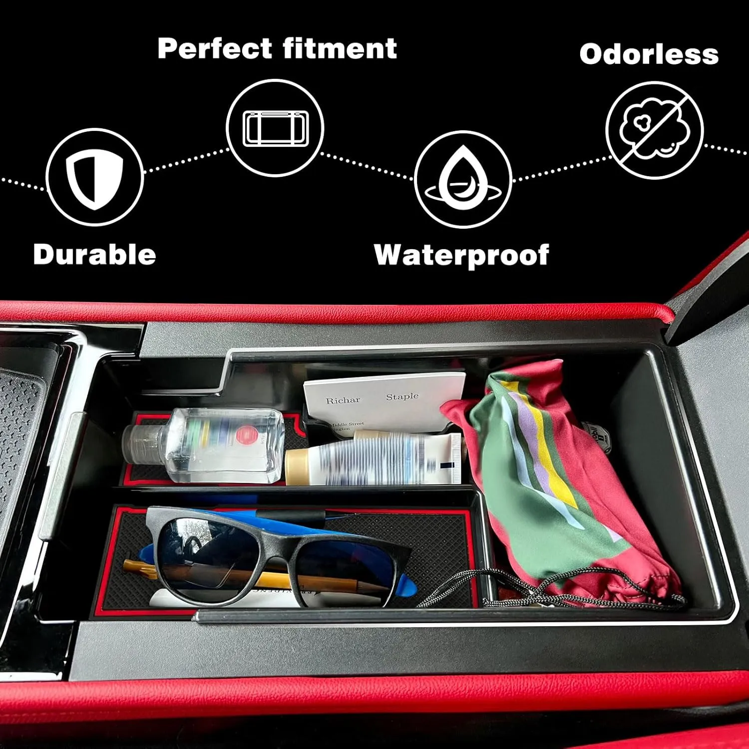 BestEvMod Center Console Organizer Tray Compatible with Chevy Blazer EV 2025 2024 2023 Interior Accessories Armrest Storage Box ABS Material with PVC Trim & Removable Coin Holder (Red)