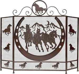 BestGiftEver 3-Panel Fireplace Screen Decorative with Horseshoe and Running Horses Design - Stand Alone Fireplace Cover Metal Mesh Screen - Home Decorative Firescreen for Cabin and Ranch Western Style