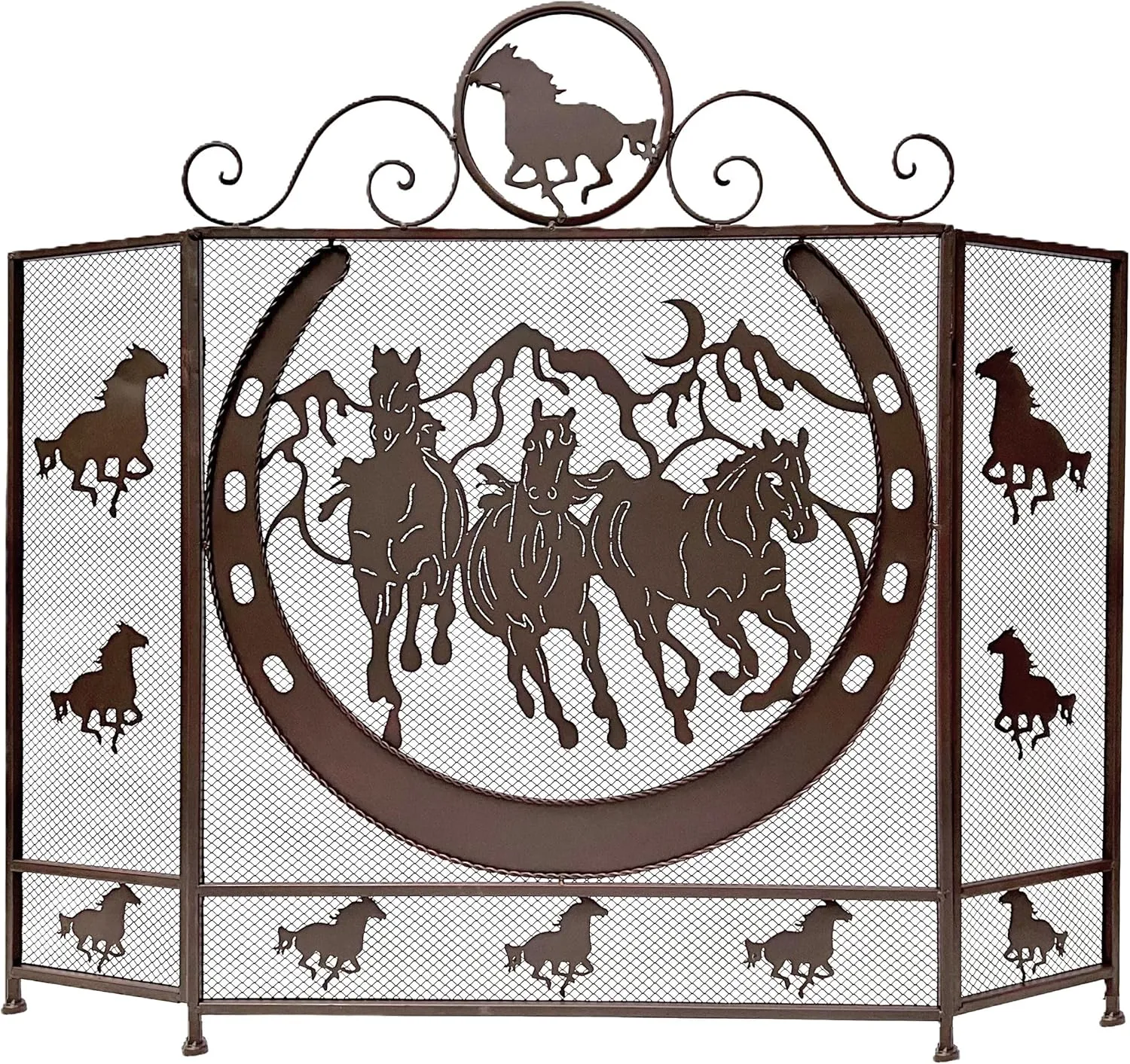 BestGiftEver 3-Panel Fireplace Screen Decorative with Horseshoe and Running Horses Design - Stand Alone Fireplace Cover Metal Mesh Screen - Home Decorative Firescreen for Cabin and Ranch Western Style