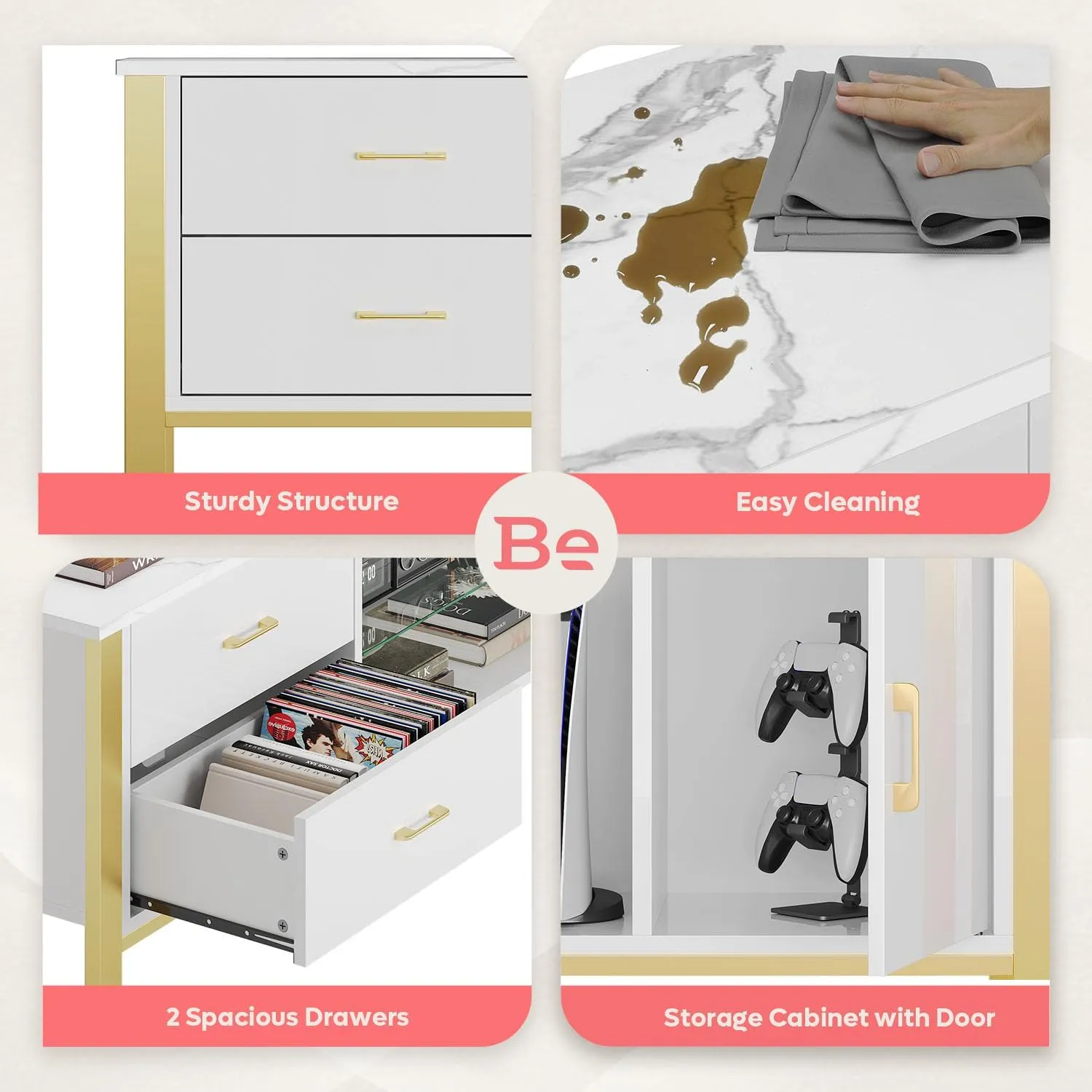 Bestier TV Stand for 75/80/85 inch TVs, LED Gaming Entertainment Center, Media Console with Glass Shelves for Living Room, 2 Storage Drawers & Cabinets for Bedroom, White Glossy
