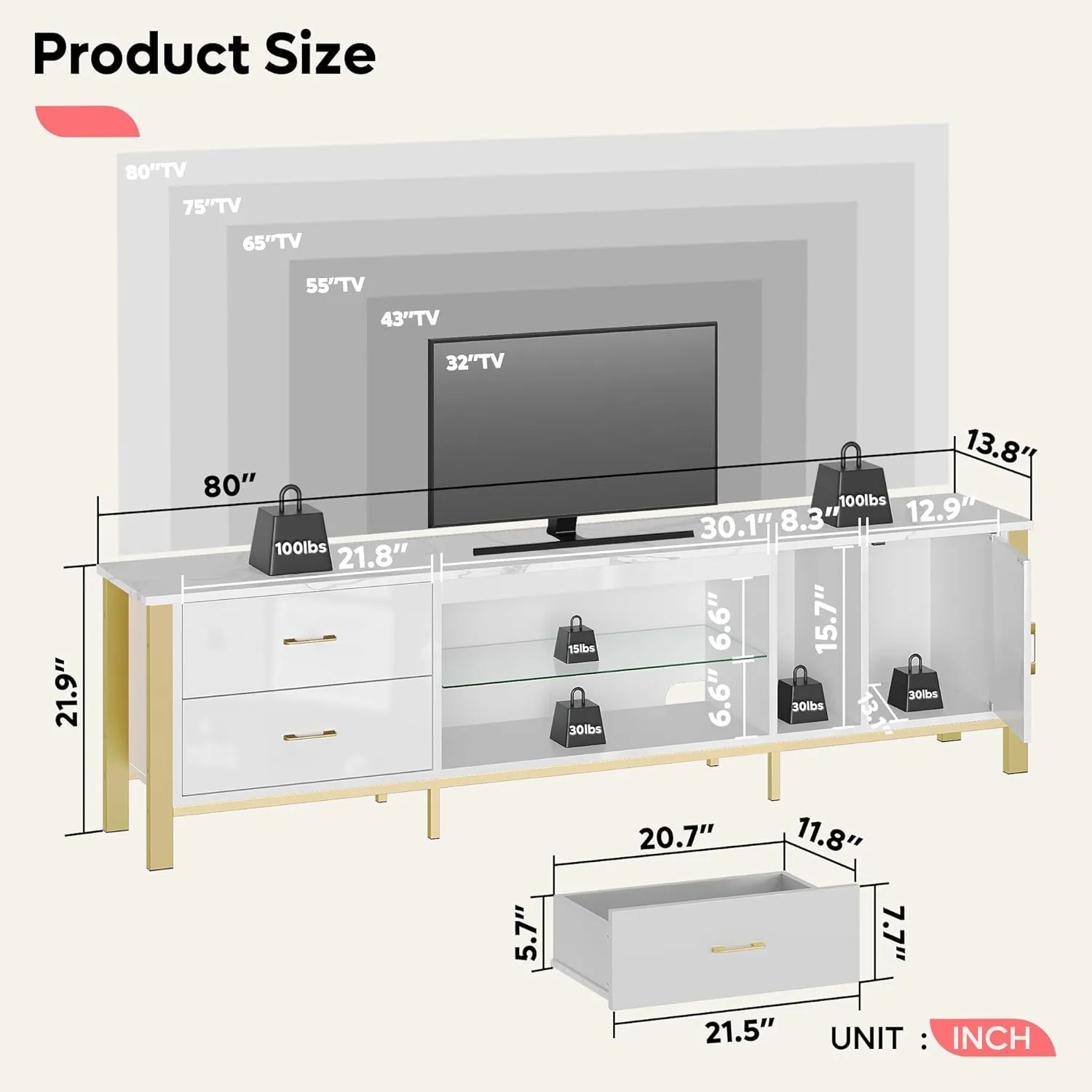 Bestier TV Stand for 75/80/85 inch TVs, LED Gaming Entertainment Center, Media Console with Glass Shelves for Living Room, 2 Storage Drawers & Cabinets for Bedroom, White Glossy