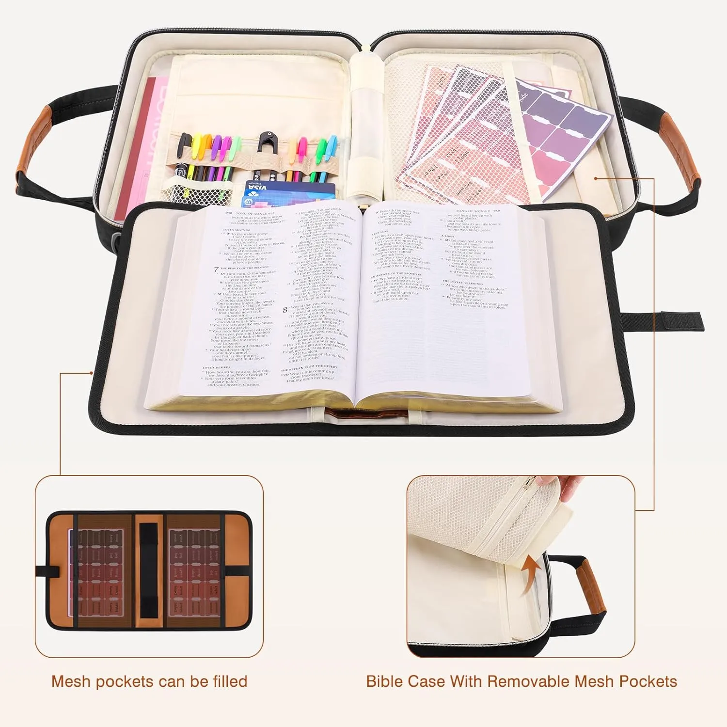 Bible Case with Holder, Extra Large Covers for Girls, Detachable Shoulder Strap, Leather Bible Study Bag