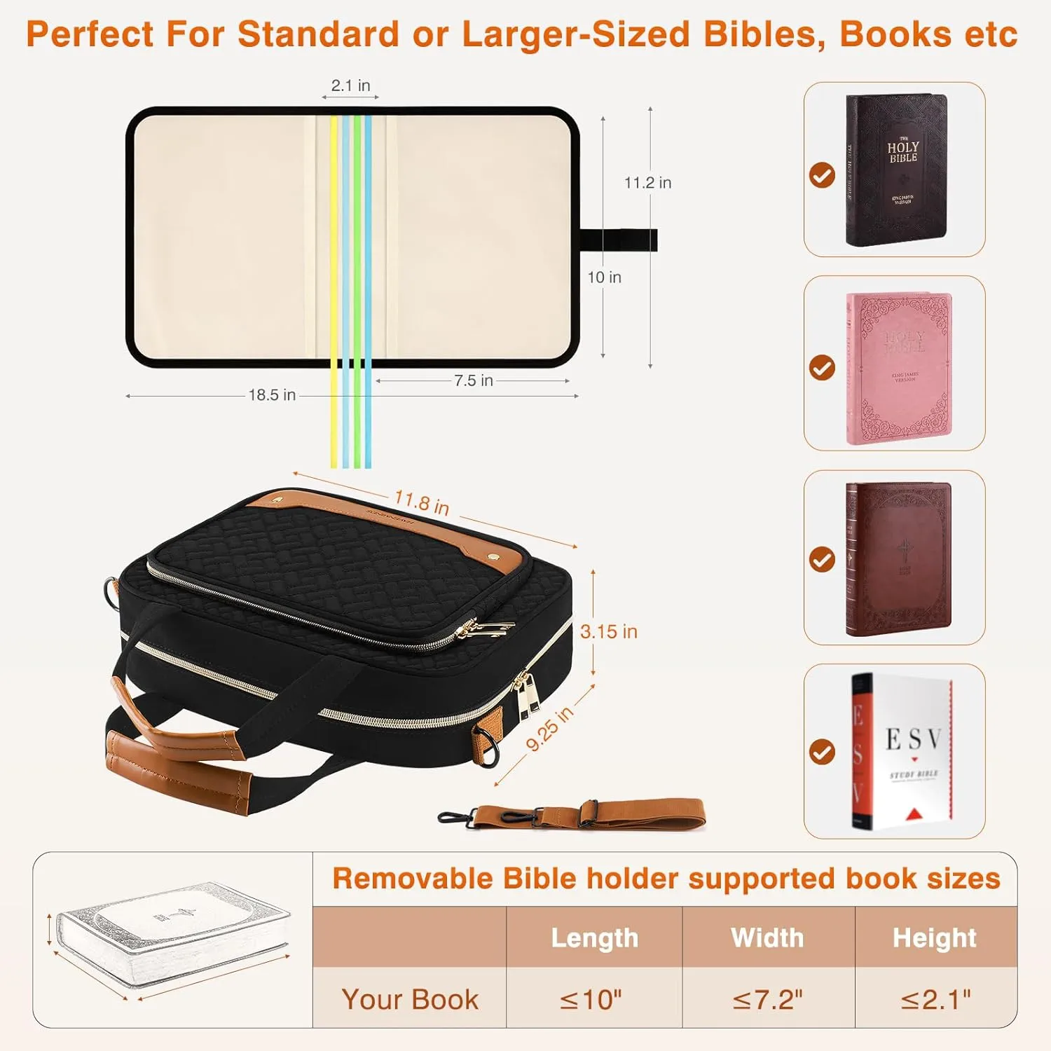 Bible Case with Holder, Extra Large Covers for Girls, Detachable Shoulder Strap, Leather Bible Study Bag