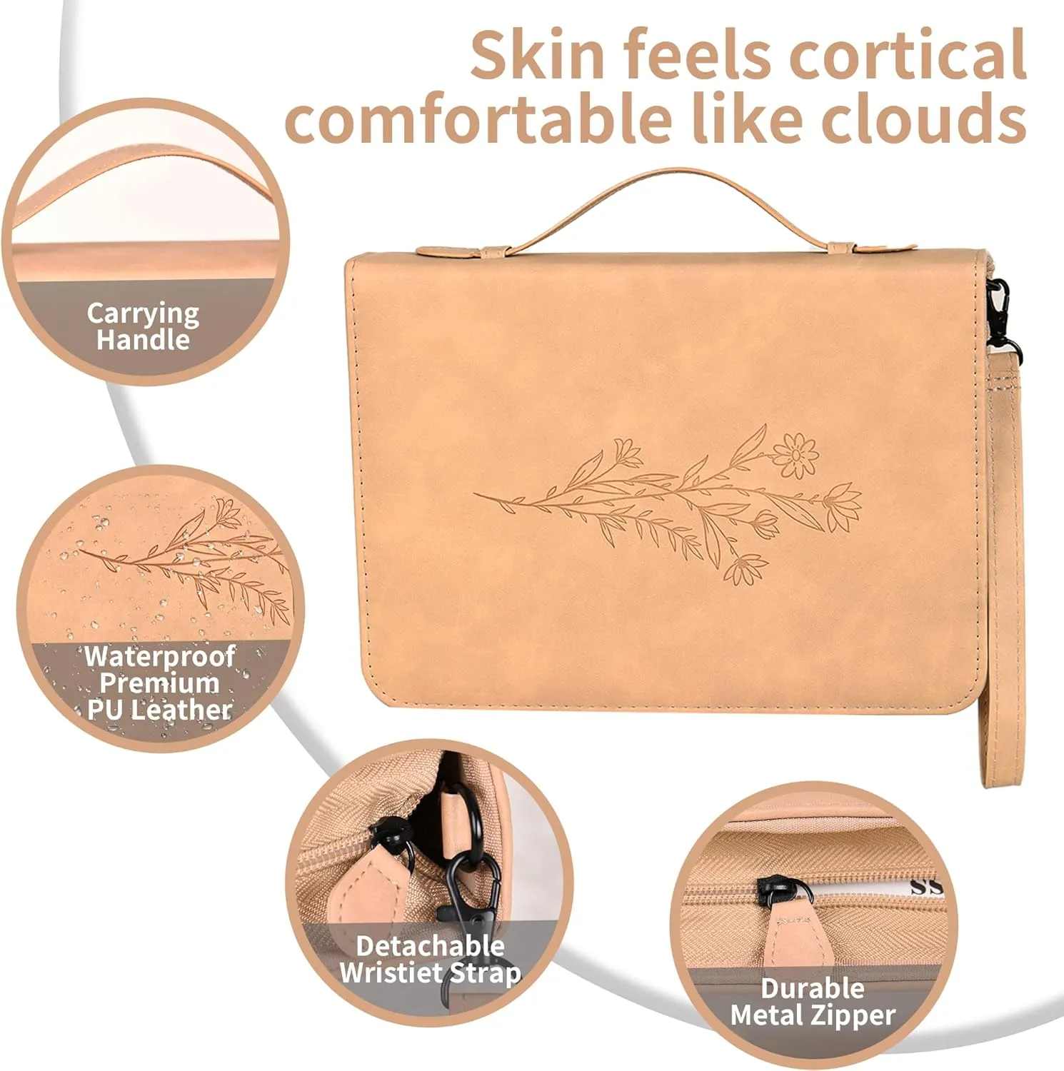 Bible Cover case Woman with Detachable Wristband, Flower Bible Cover, PU Leather Large Size Bible Bag, Durable Bible Carrying Case Detachable Wristband, Ideal Gift for Women and Men (Brown)
