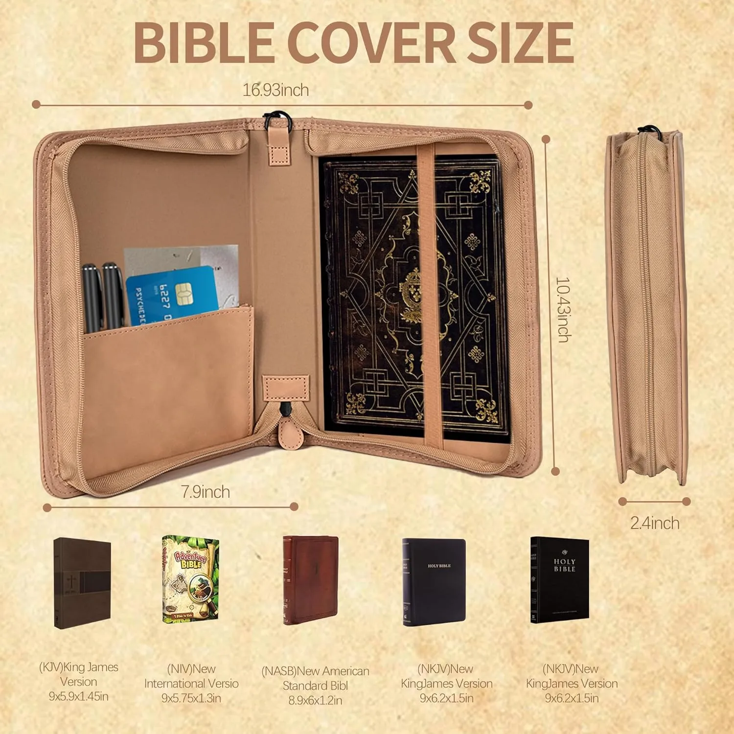 Bible Cover case Woman with Detachable Wristband, Flower Bible Cover, PU Leather Large Size Bible Bag, Durable Bible Carrying Case Detachable Wristband, Ideal Gift for Women and Men (Brown)
